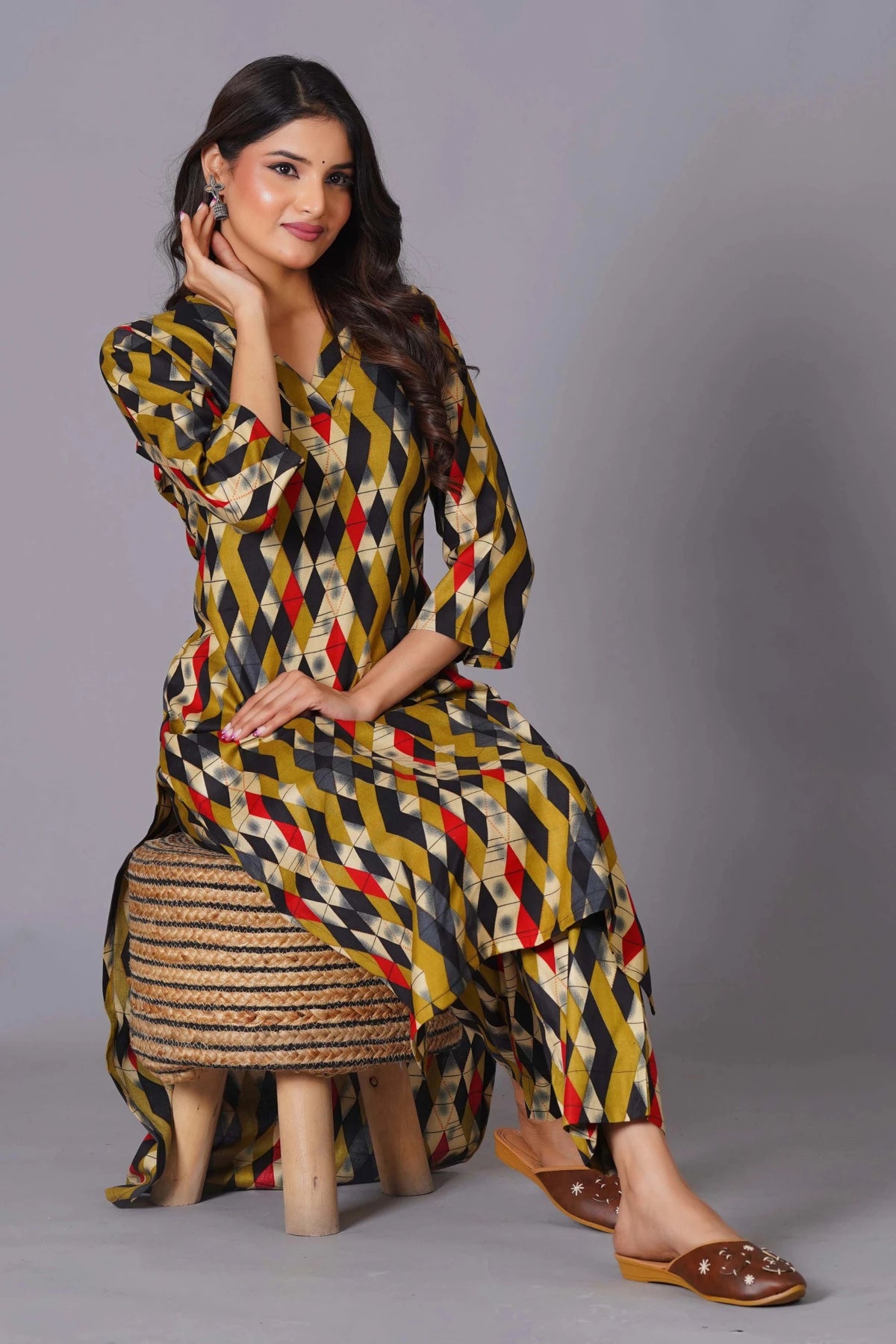 Click to view full screen Geometric Flair Multi-Color Rayon Suit Set - Himdim Wear