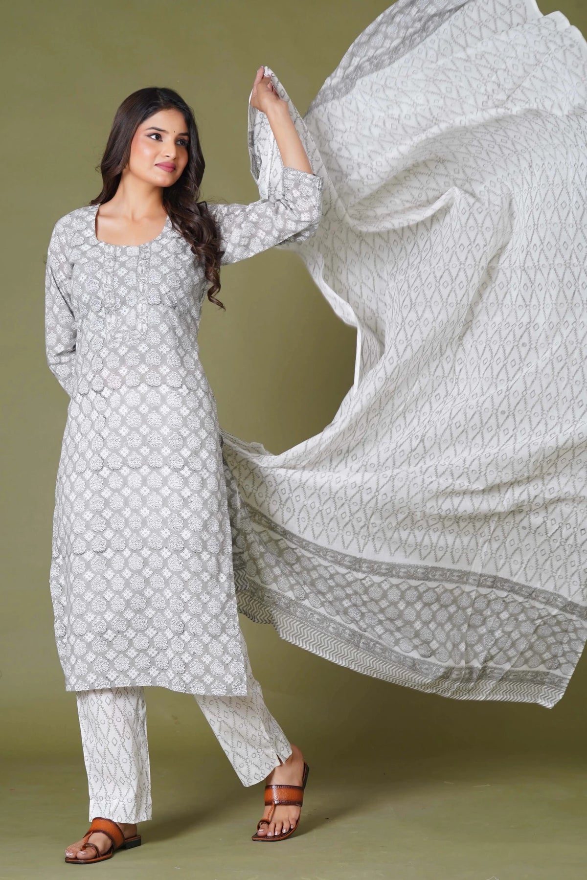 Click to view full screen Grey Floral Handblock Printed Straight Kurta for Women – Soft Cotton Ethnic Wear - Himdim Wear