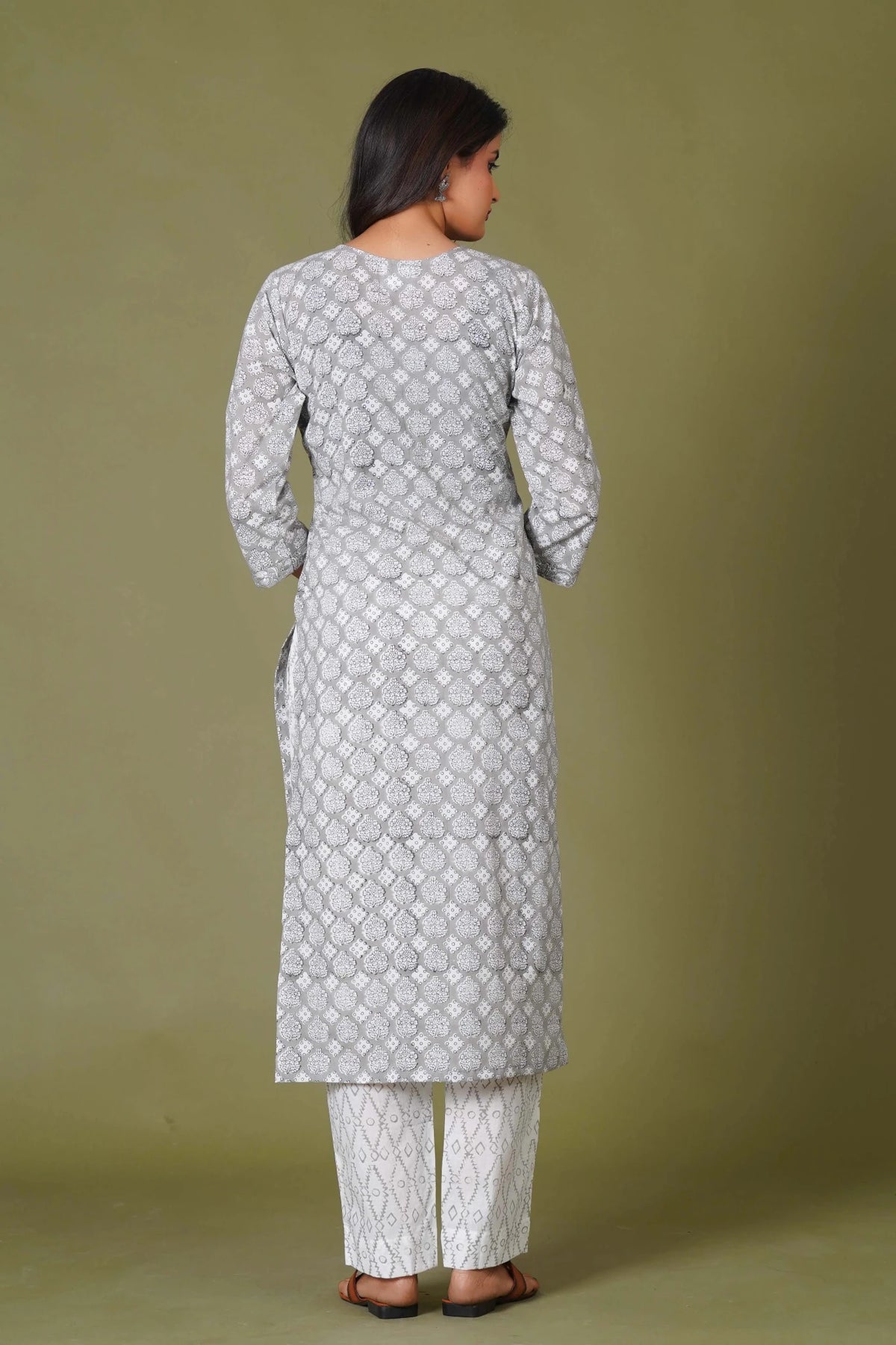 Click to view full screen Grey Floral Handblock Printed Straight Kurta for Women – Soft Cotton Ethnic Wear - Himdim Wear