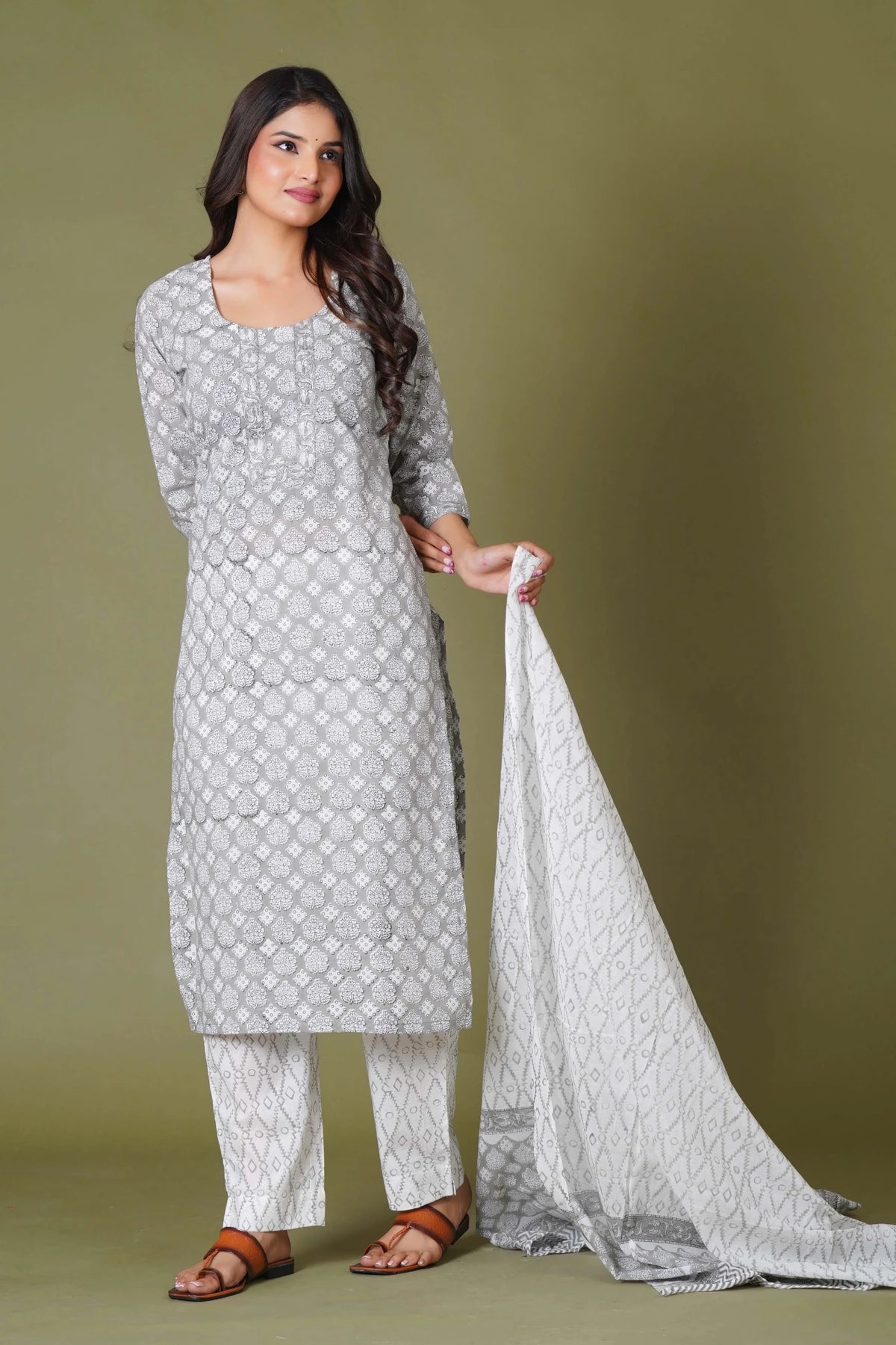 Click to view full screen Grey Floral Handblock Printed Straight Kurta for Women – Soft Cotton Ethnic Wear - Himdim Wear