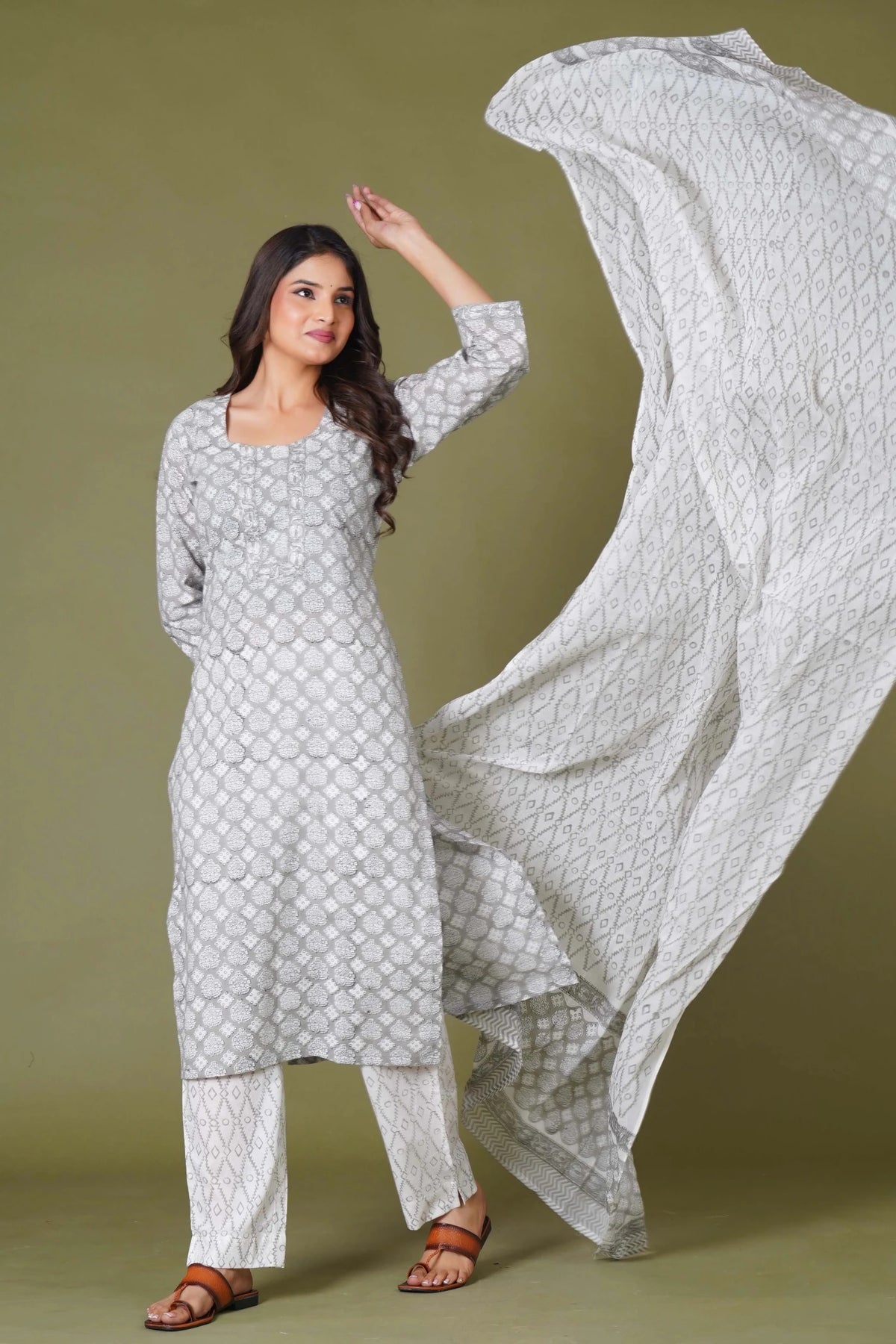 Click to view full screen Grey Floral Handblock Printed Straight Kurta for Women – Soft Cotton Ethnic Wear - Himdim Wear