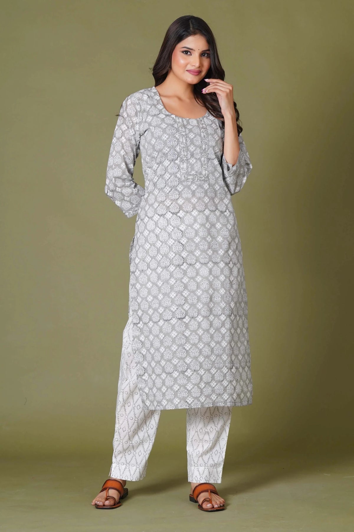 Click to view full screen Grey Floral Handblock Printed Straight Kurta for Women – Soft Cotton Ethnic Wear - Himdim Wear