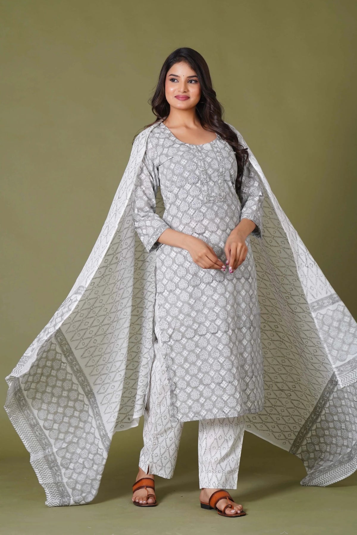 Click to view full screen Grey Floral Handblock Printed Straight Kurta for Women – Soft Cotton Ethnic Wear - Himdim Wear