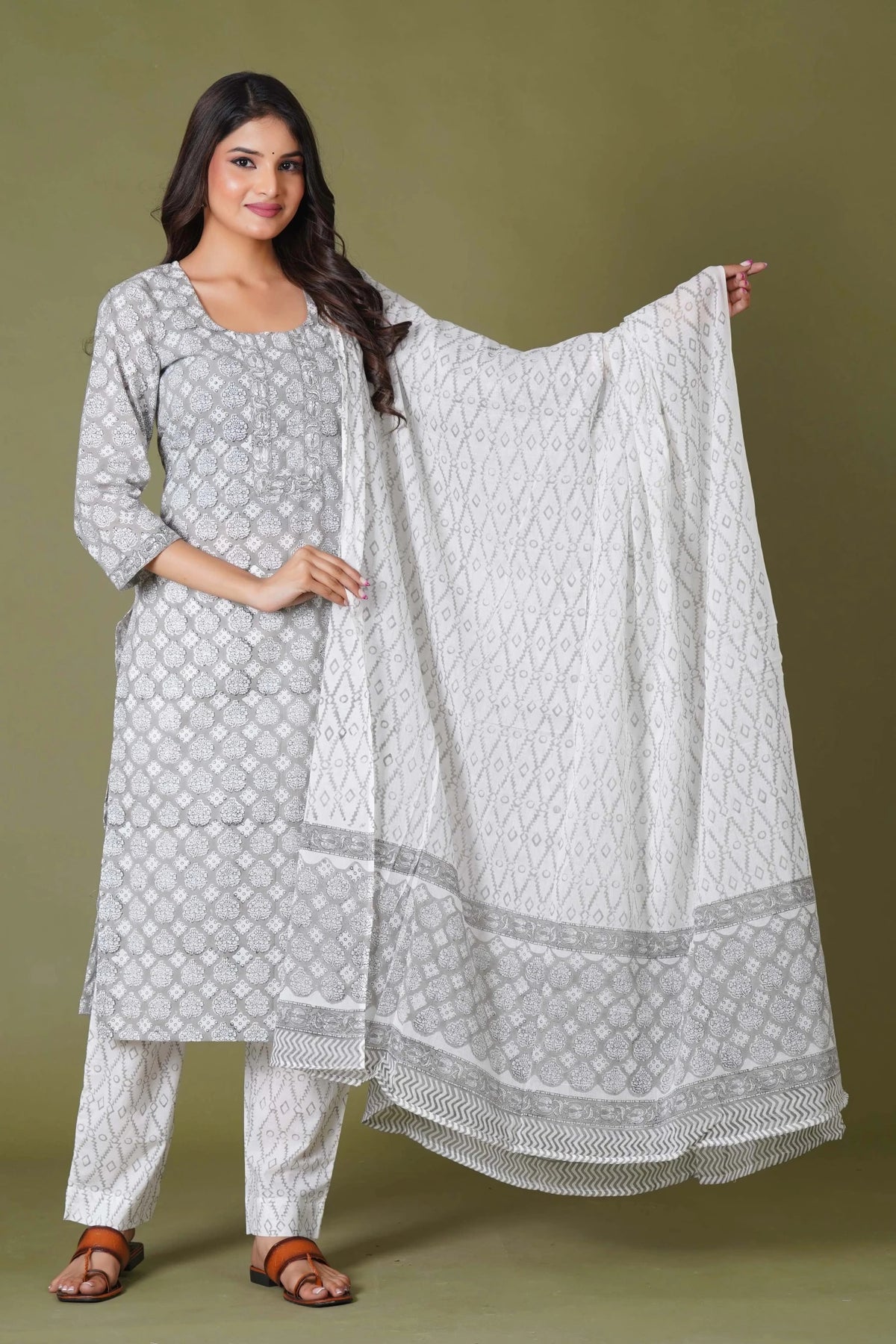 Click to view full screen Grey Floral Handblock Printed Straight Kurta for Women – Soft Cotton Ethnic Wear - Himdim Wear
