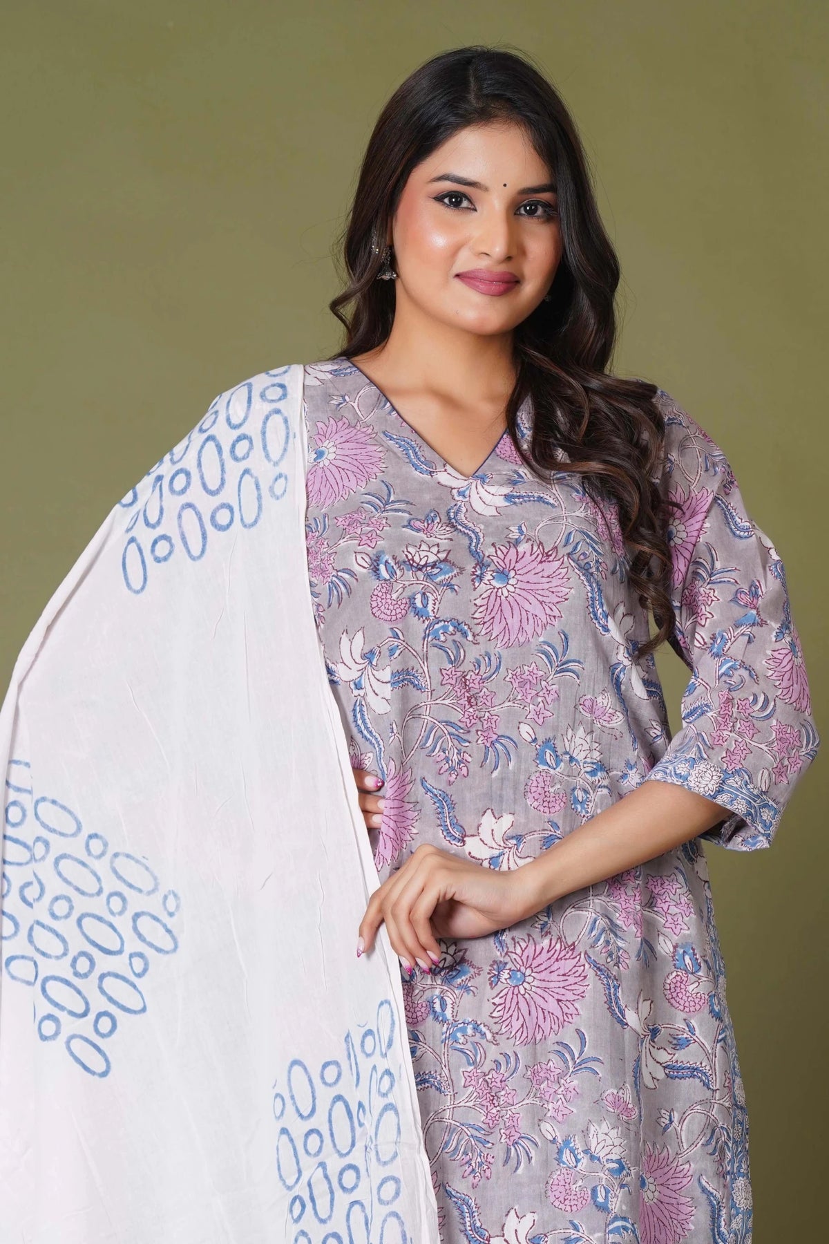 Click to view full screen Lilac Mist Floral Handblock Cotton Suit Set - Himdim Wear