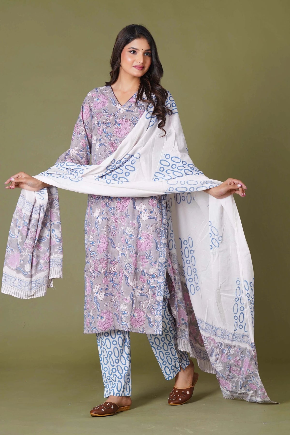 Click to view full screen Lilac Mist Floral Handblock Cotton Suit Set - Himdim Wear