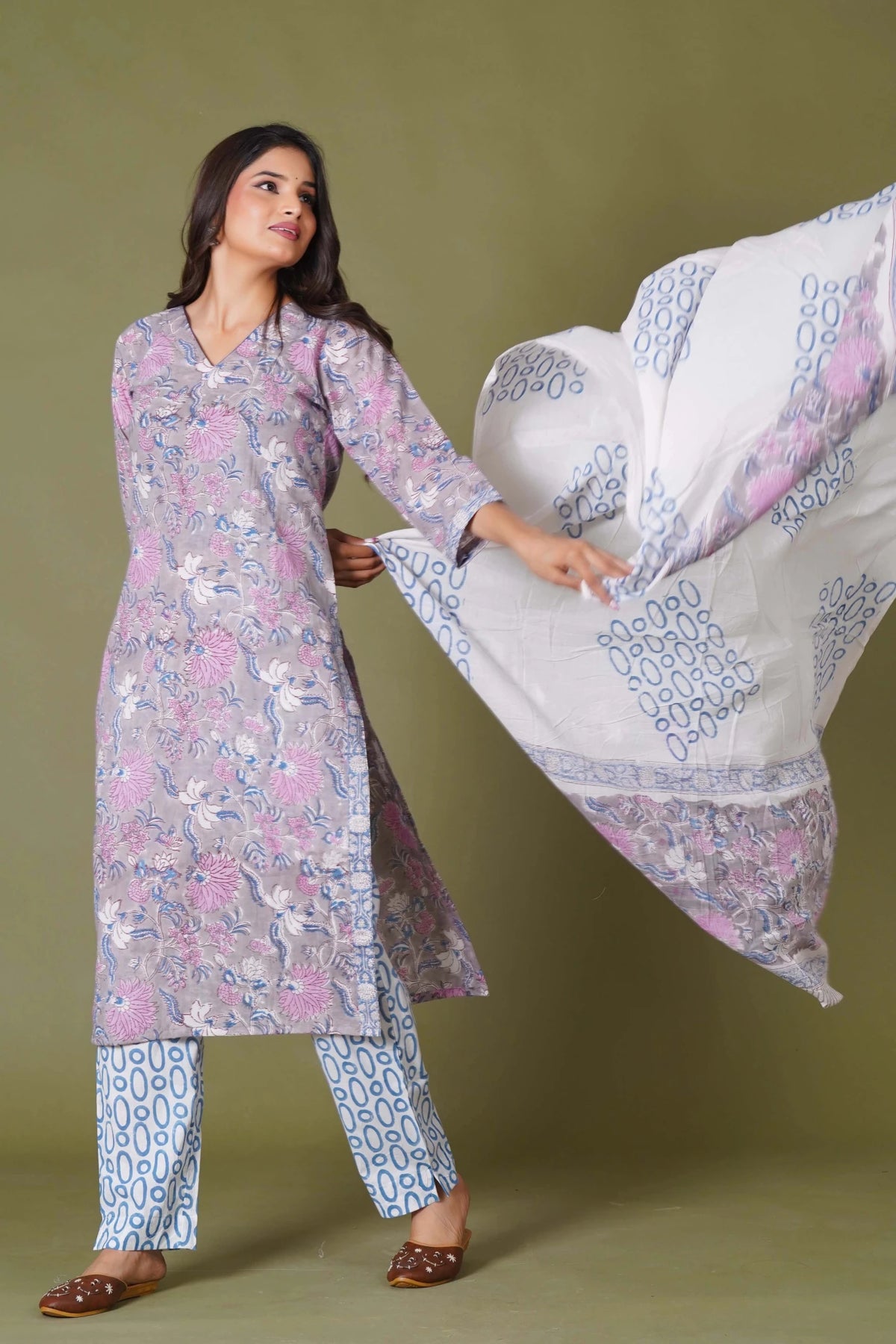 Click to view full screen Lilac Mist Floral Handblock Cotton Suit Set - Himdim Wear