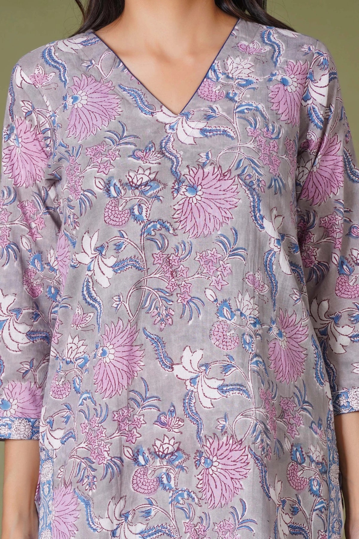 Click to view full screen Lilac Mist Floral Handblock Cotton Suit Set - Himdim Wear