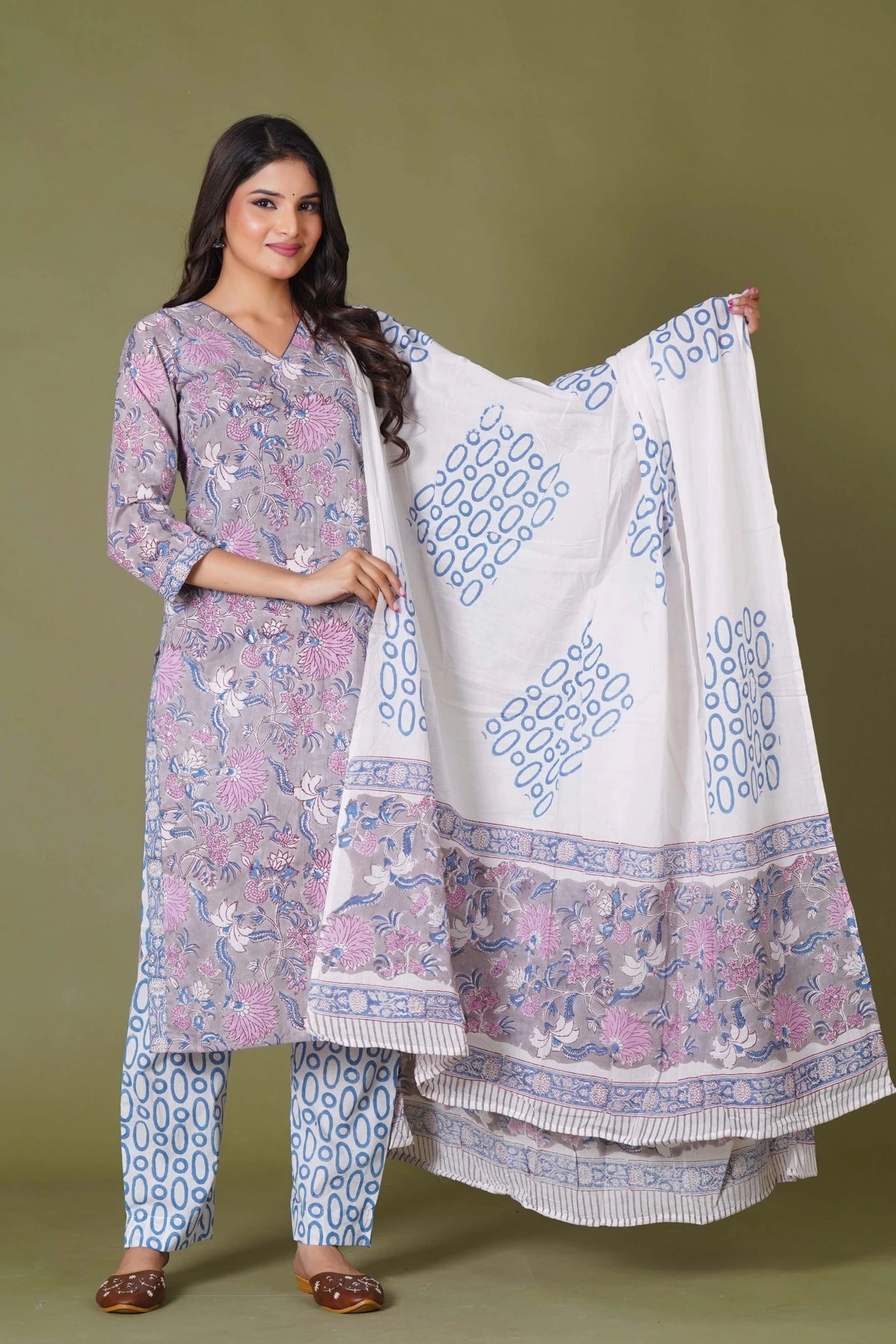 Click to view full screen Lilac Mist Floral Handblock Cotton Suit Set - Himdim Wear