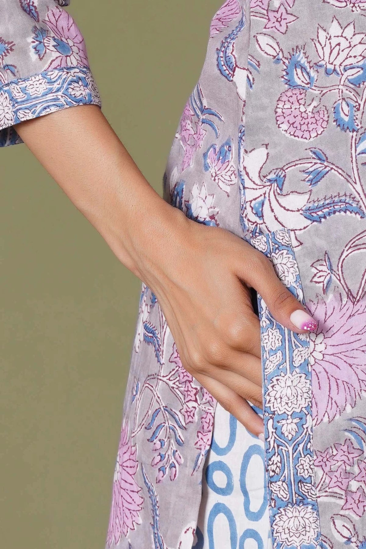 Click to view full screen Lilac Mist Floral Handblock Cotton Suit Set - Himdim Wear