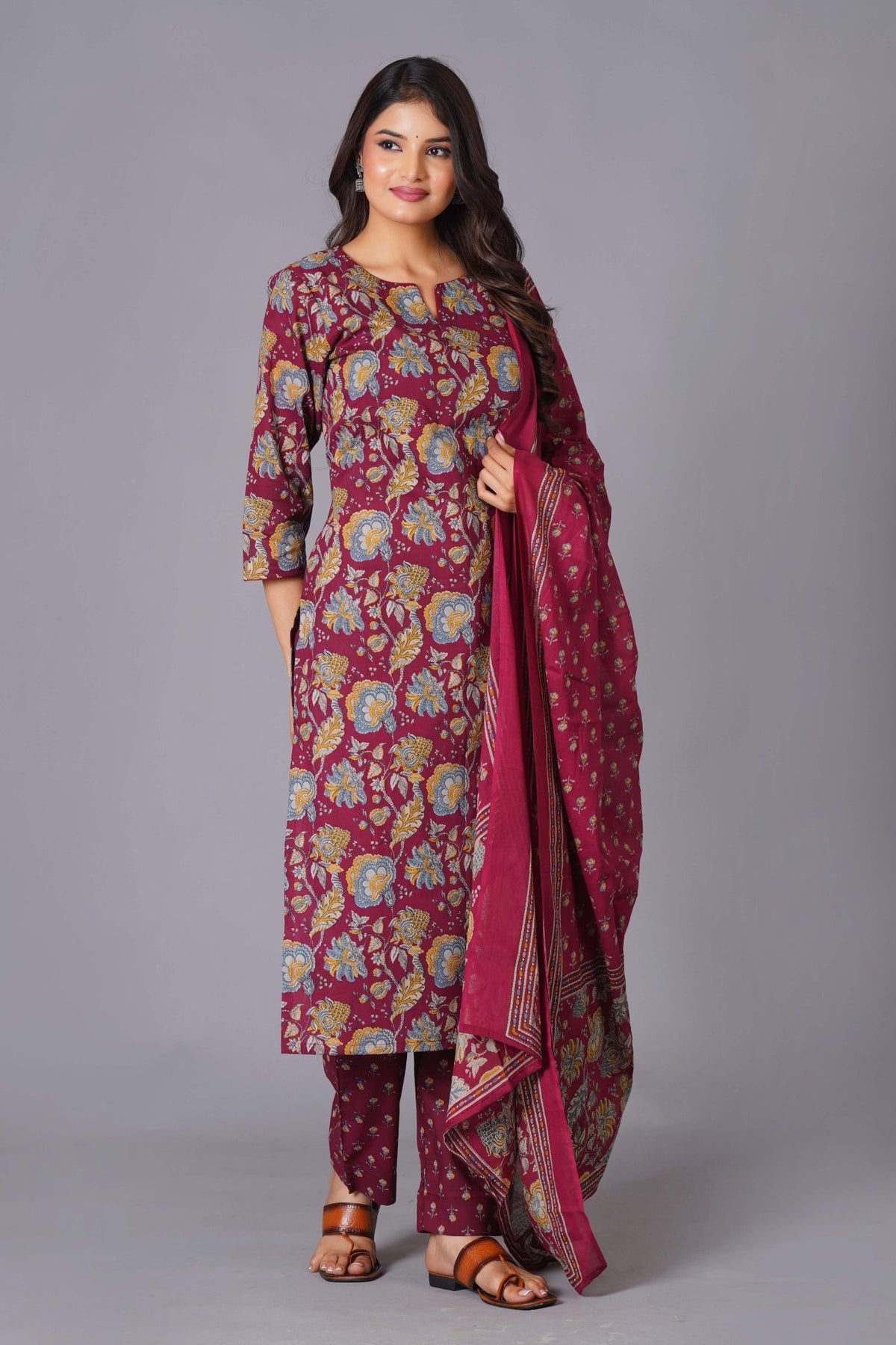 Click to view full screen Maroon Finesse Handblock Cotton Kurta Set - Himdim Wear