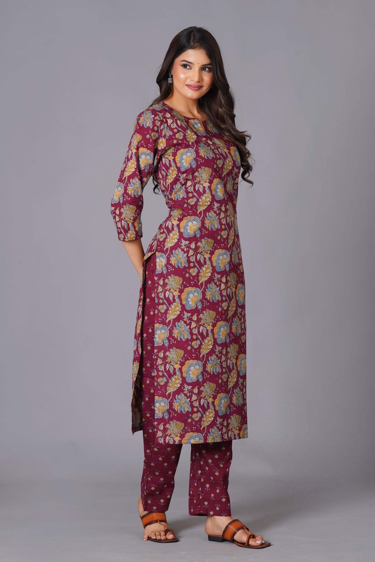Click to view full screen Maroon Finesse Handblock Cotton Kurta Set - Himdim Wear
