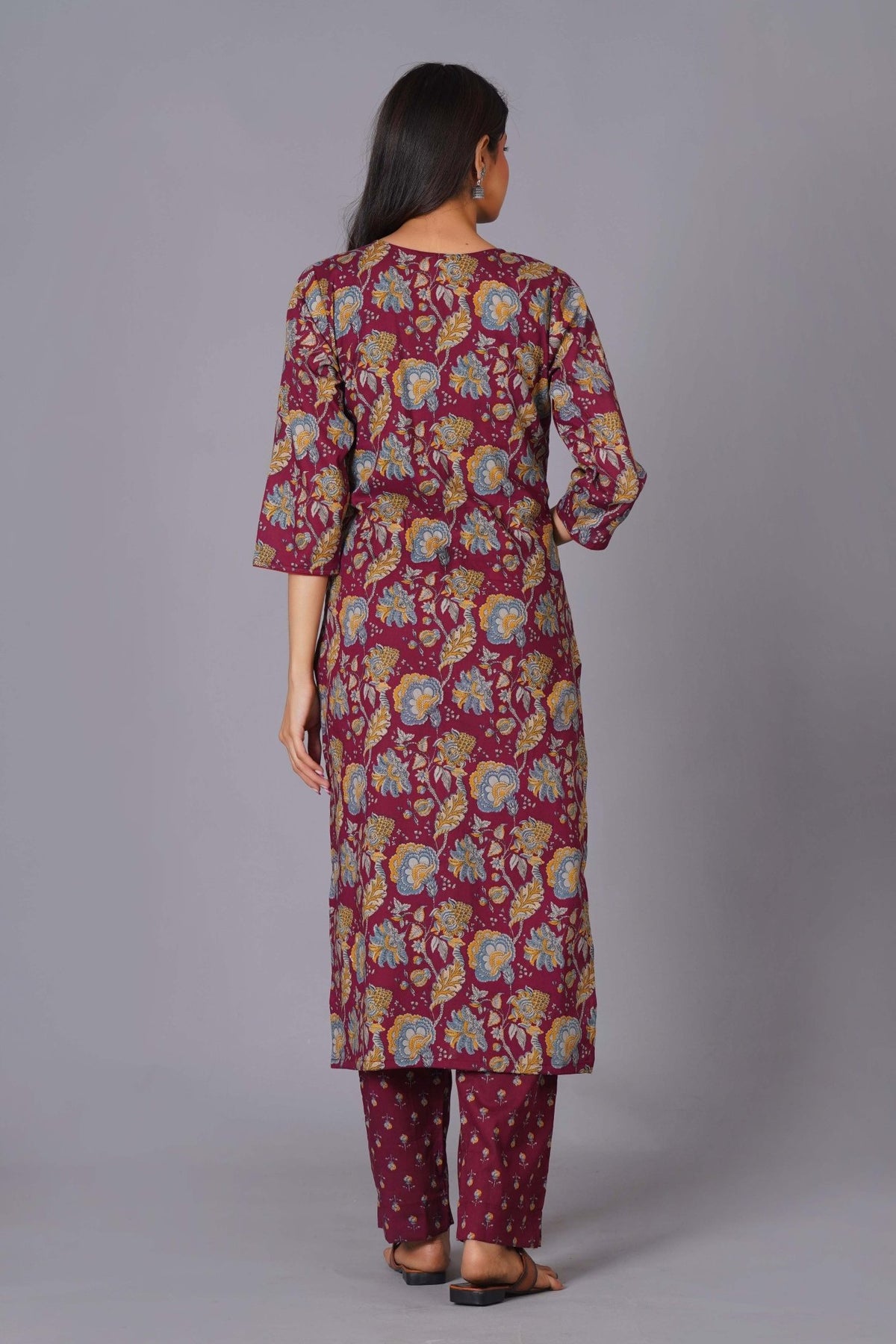 Click to view full screen Maroon Finesse Handblock Cotton Kurta Set - Himdim Wear