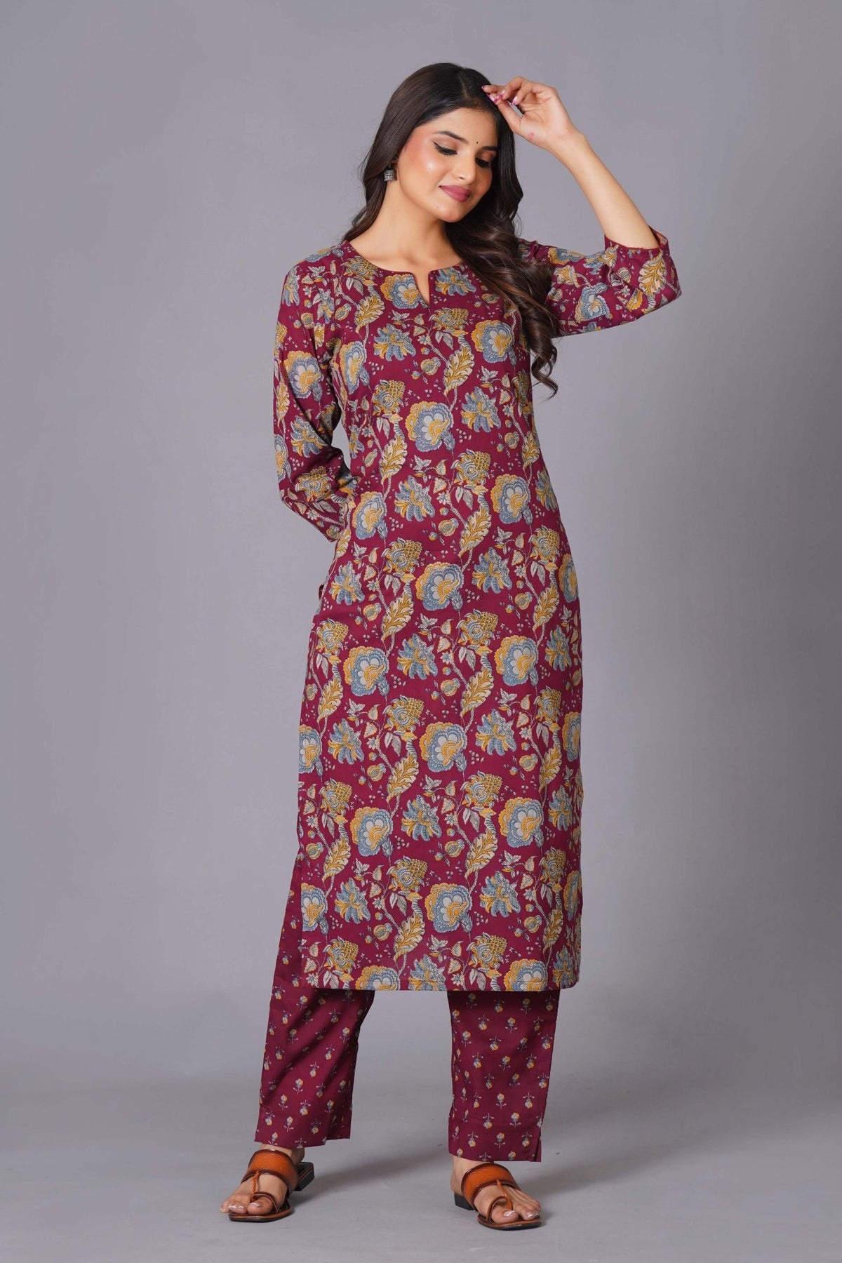 Click to view full screen Maroon Finesse Handblock Cotton Kurta Set - Himdim Wear