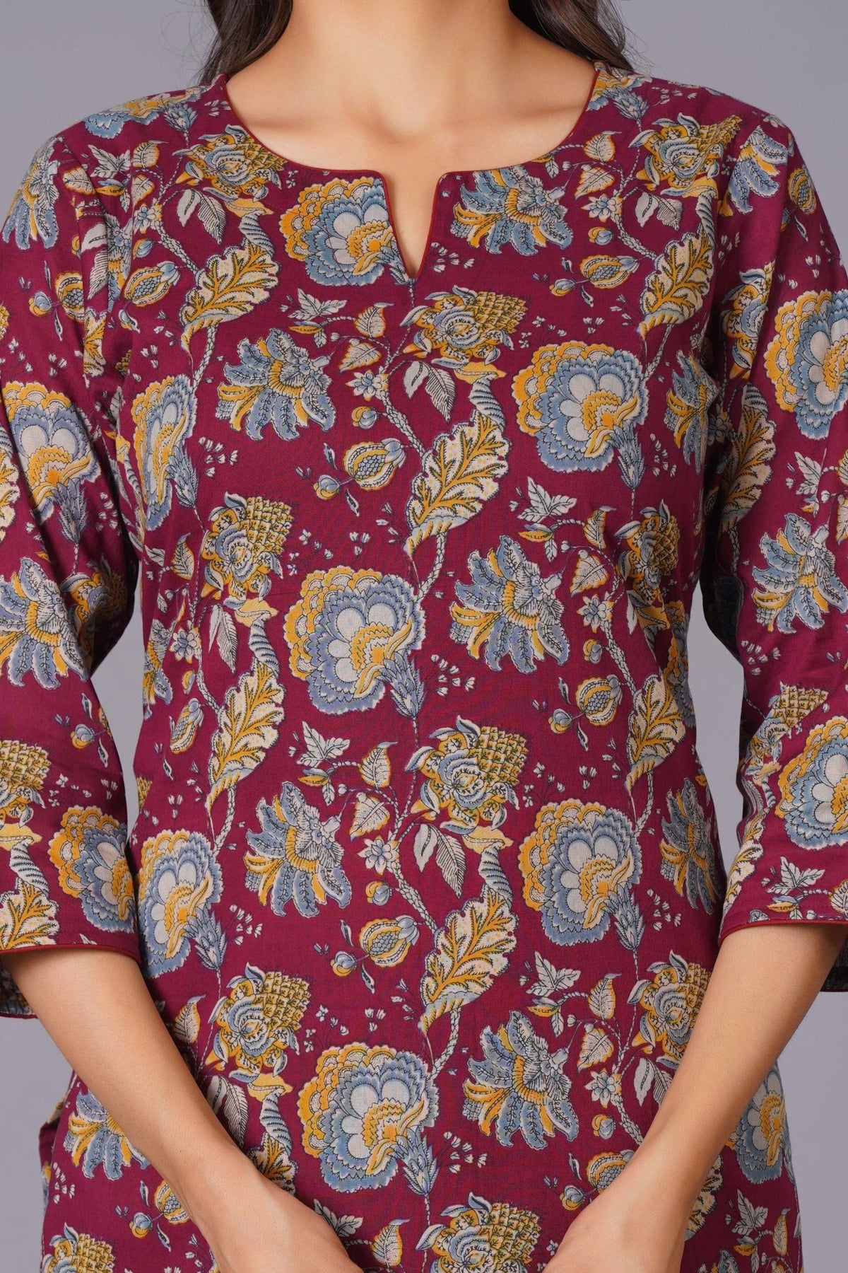 Click to view full screen Maroon Finesse Handblock Cotton Kurta Set - Himdim Wear