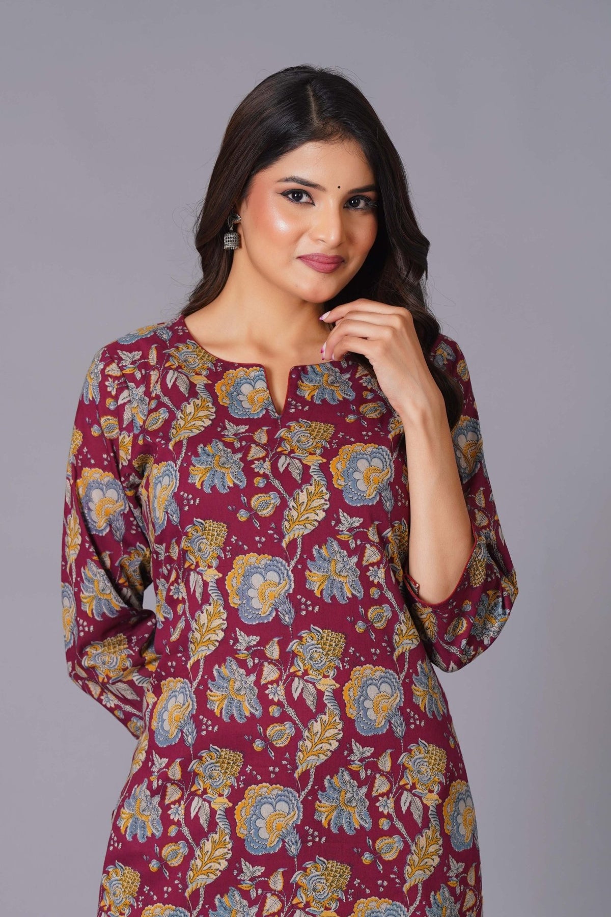 Click to view full screen Maroon Finesse Handblock Cotton Kurta Set - Himdim Wear