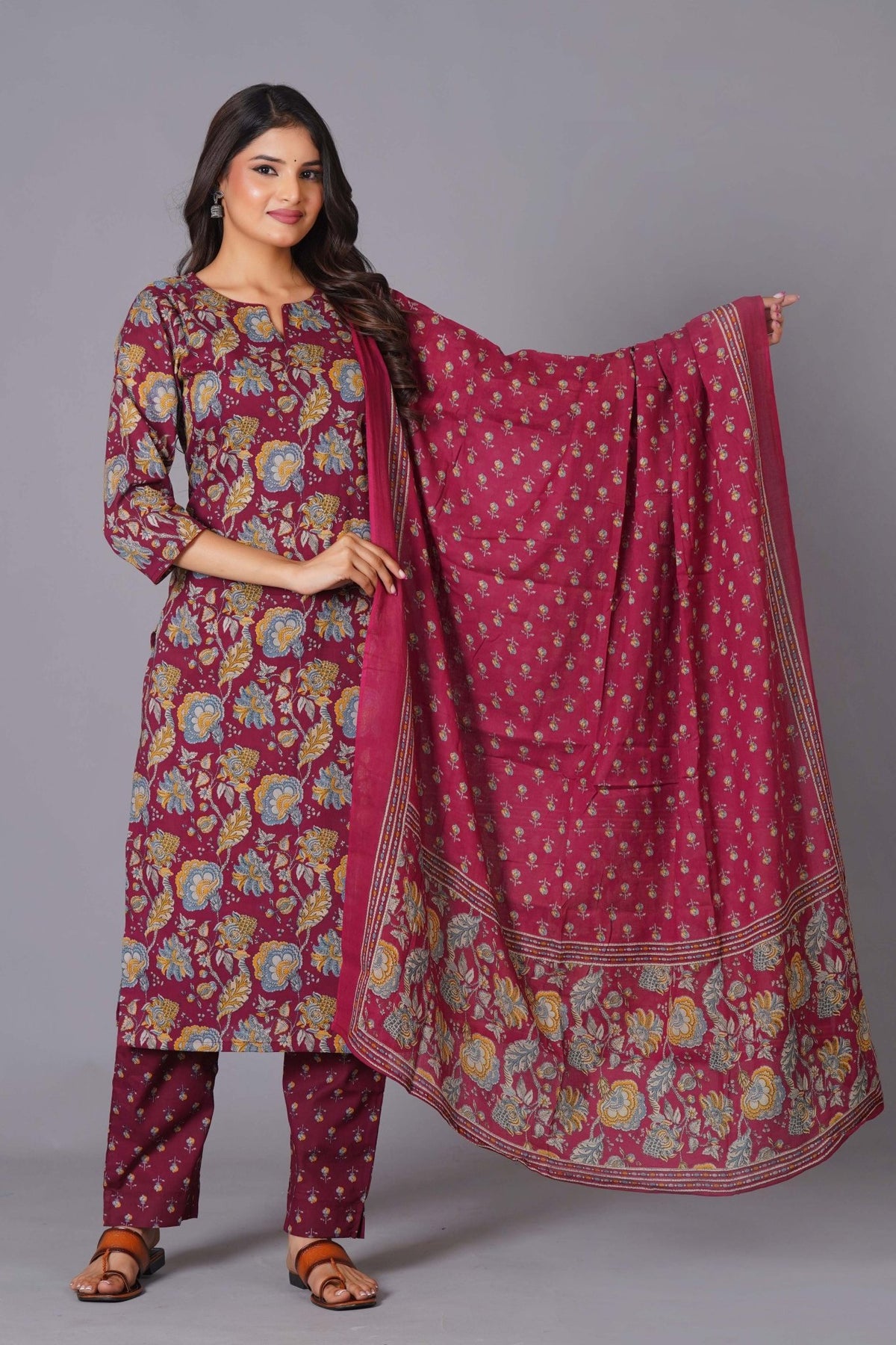 Click to view full screen Maroon Finesse Handblock Cotton Kurta Set - Himdim Wear