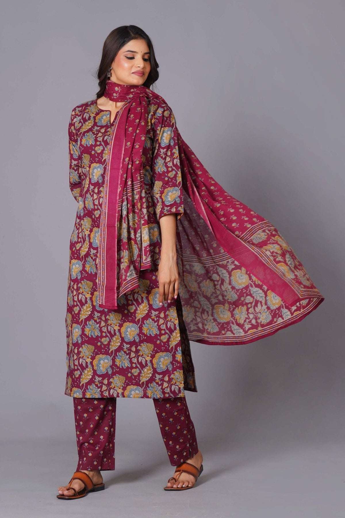 Click to view full screen Maroon Finesse Handblock Cotton Kurta Set - Himdim Wear