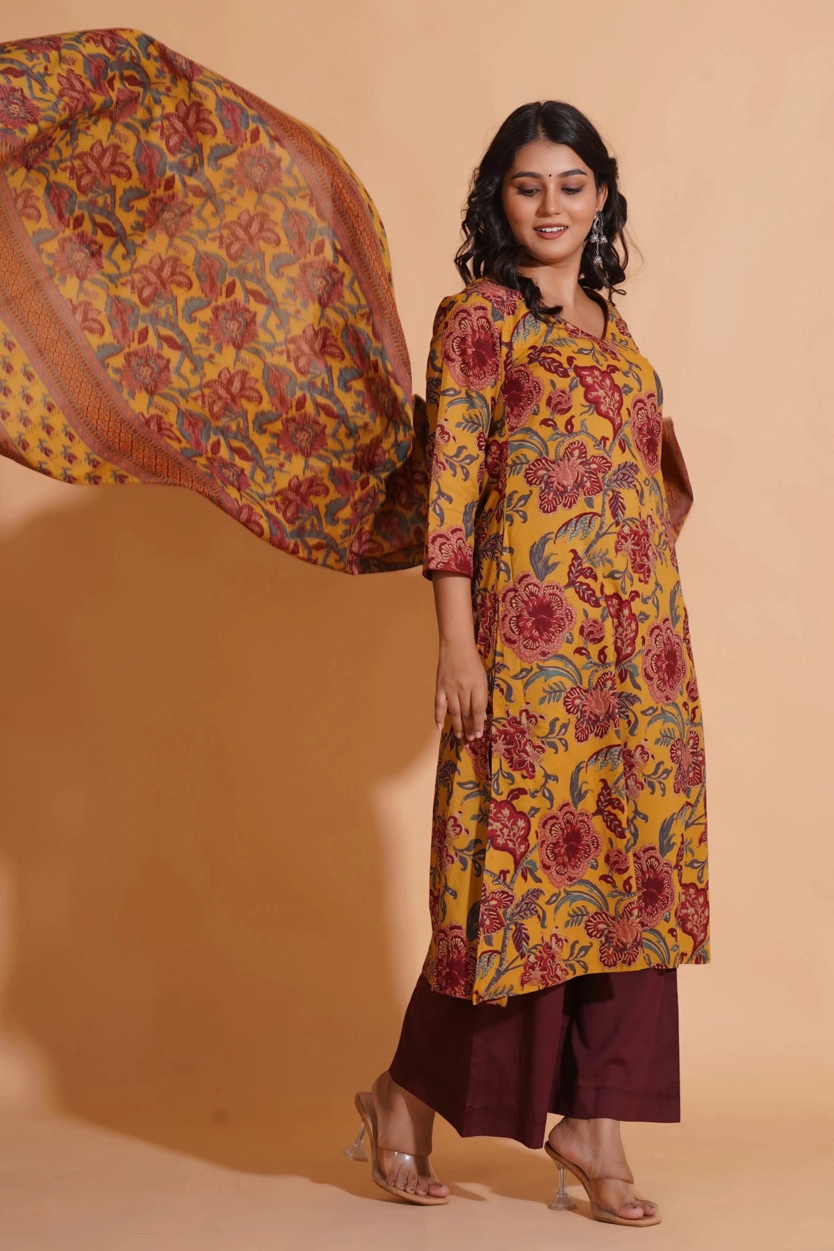 Click to view full screen Mustard Maroon Heritage A-Line Suit Set - Himdim Wear