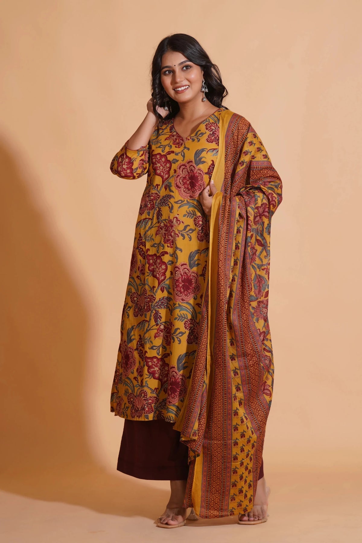 Click to view full screen Mustard Maroon Heritage A-Line Suit Set - Himdim Wear