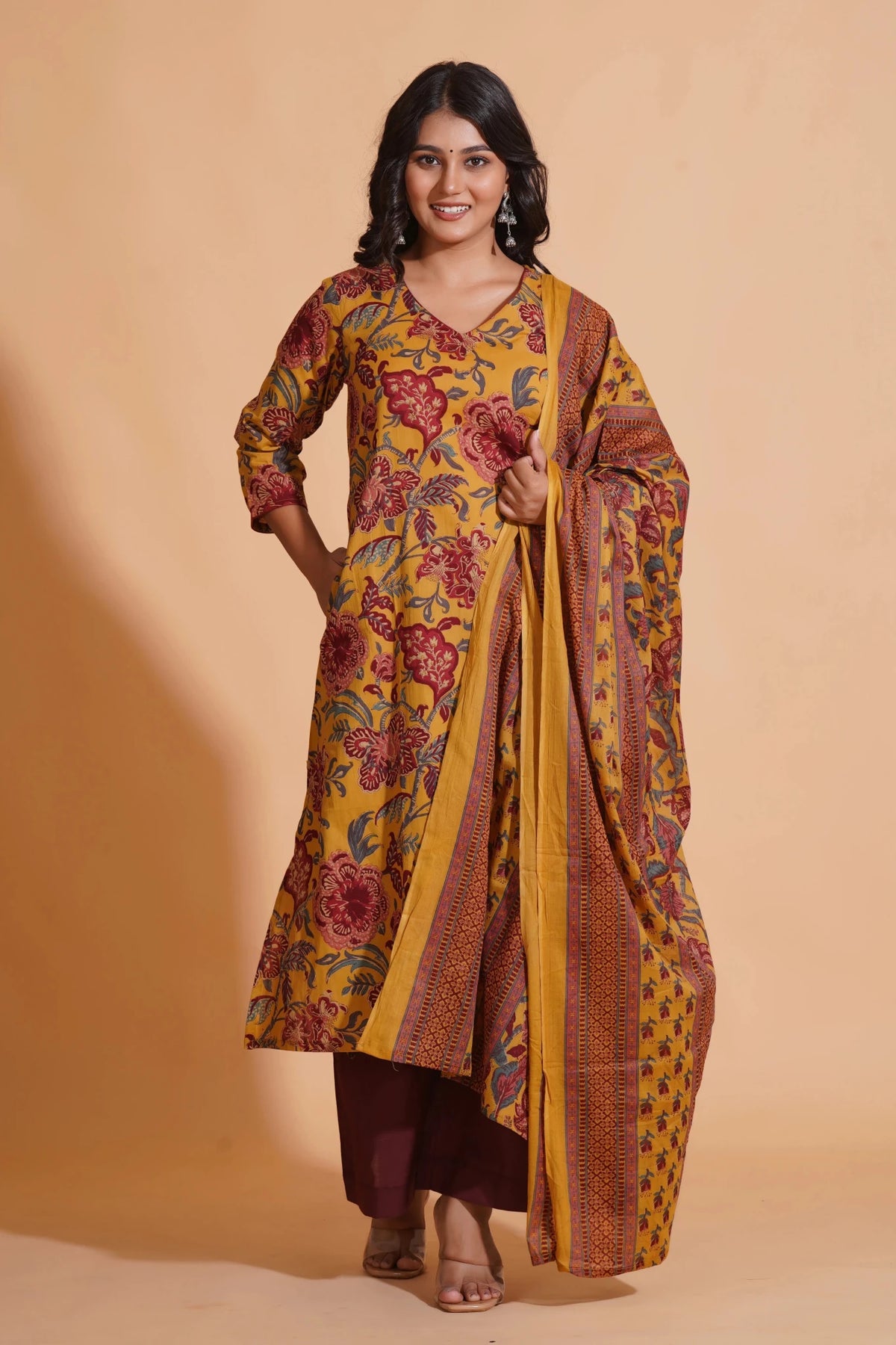 Click to view full screen Mustard Maroon Heritage A-Line Suit Set - Himdim Wear