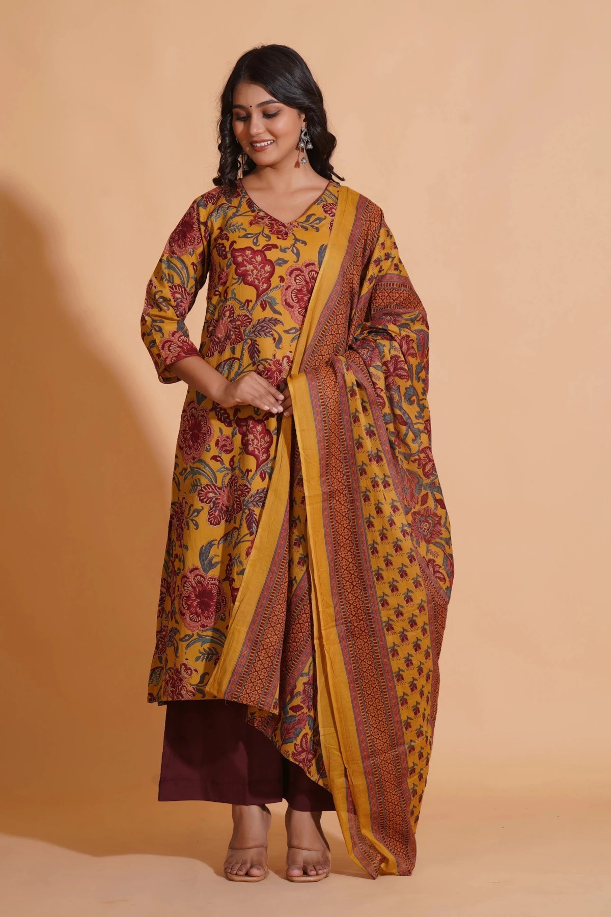 Click to view full screen Mustard Maroon Heritage A-Line Suit Set - Himdim Wear