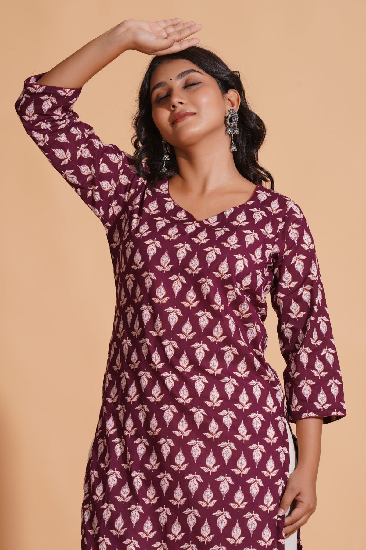 Click to view full screen Regal Wine Block-Print Kurta - Himdim Wear