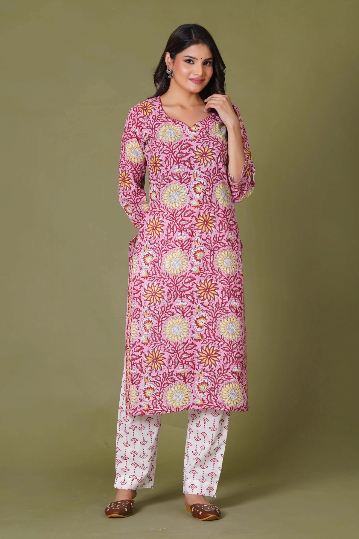 Click to view full screen Rosy Radiance Handblock Cotton Suit Set - Himdim Wear