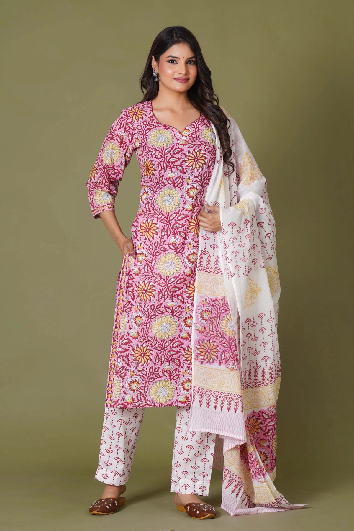 Click to view full screen Rosy Radiance Handblock Cotton Suit Set - Himdim Wear