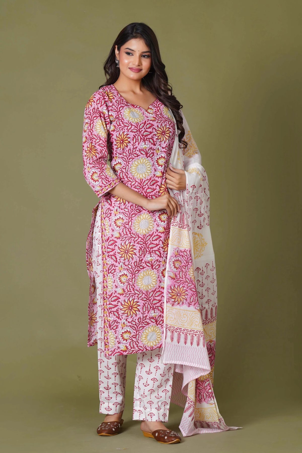 Click to view full screen Rosy Radiance Handblock Cotton Suit Set - Himdim Wear