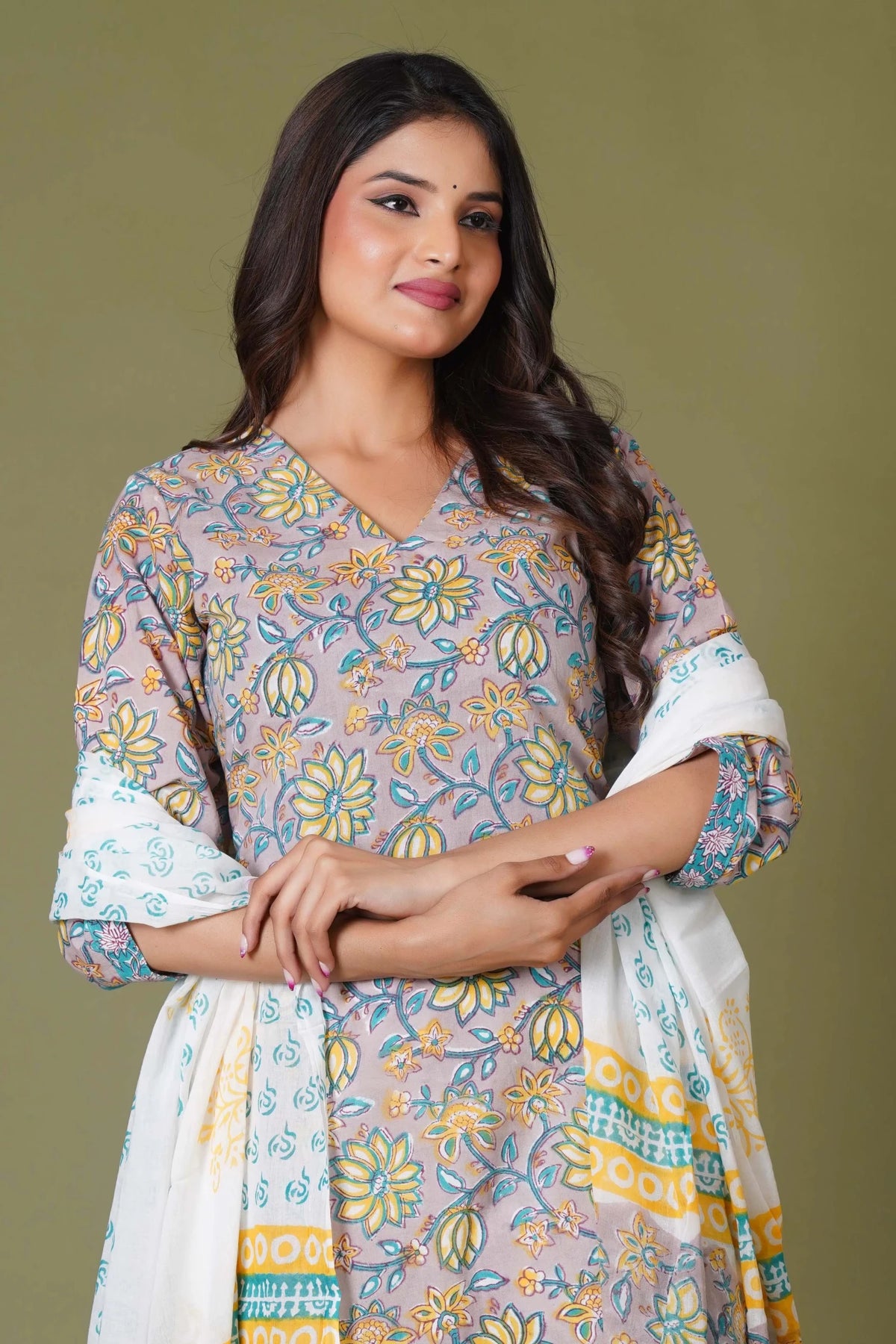 Click to view full screen Sunlit Blossom Handblock Cotton Suit Set - Himdim Wear