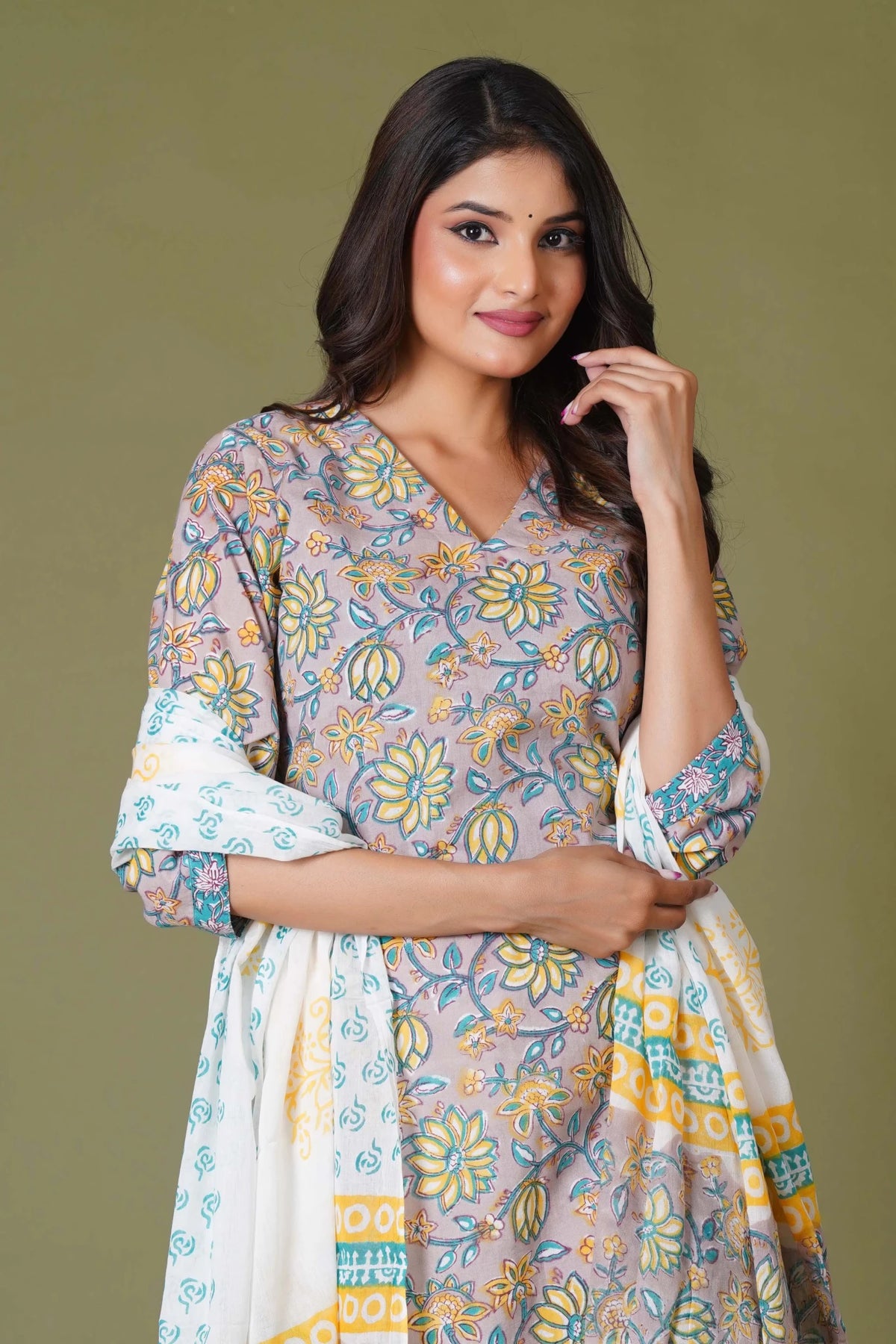 Click to view full screen Sunlit Blossom Handblock Cotton Suit Set - Himdim Wear