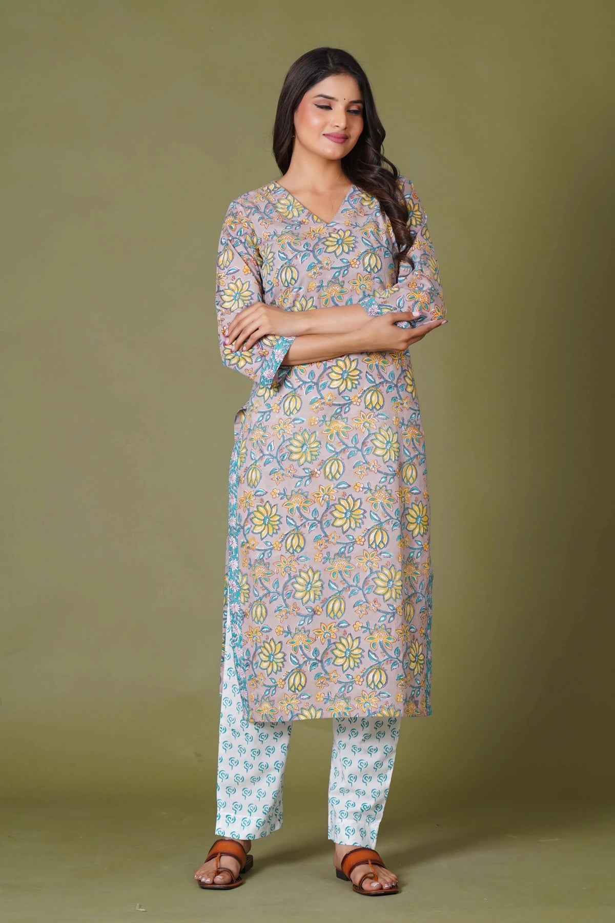 Click to view full screen Sunlit Blossom Handblock Cotton Suit Set - Himdim Wear