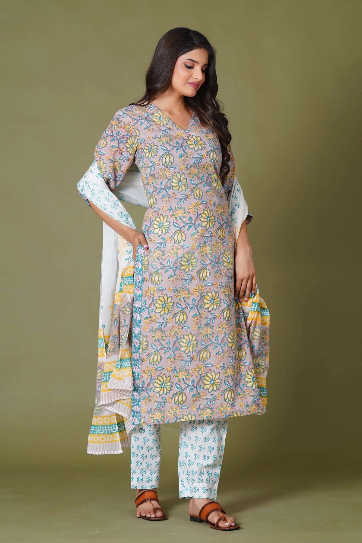 Click to view full screen Sunlit Blossom Handblock Cotton Suit Set - Himdim Wear