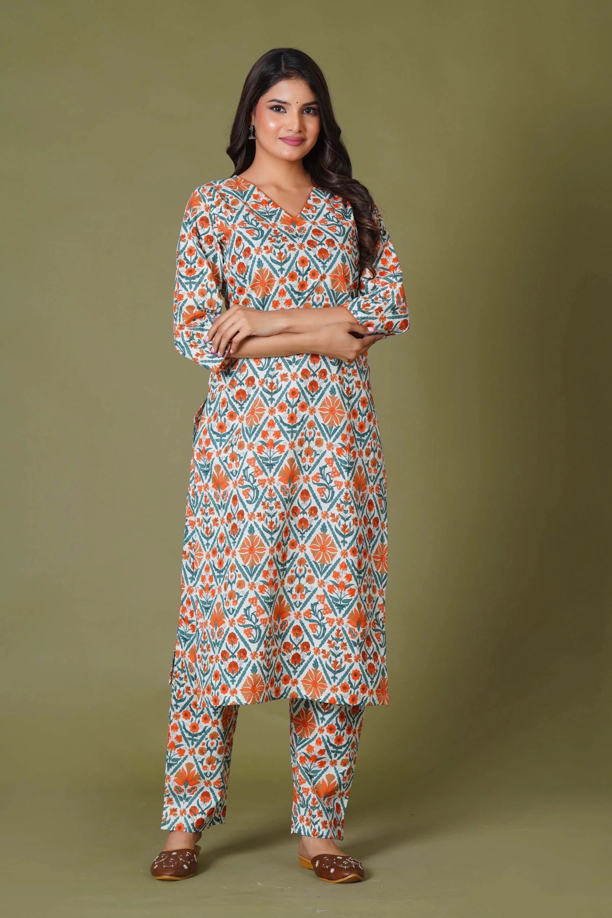 Click to view full screen Tangerine Mosaic Handblock Cotton Suit Set - Himdim Wear