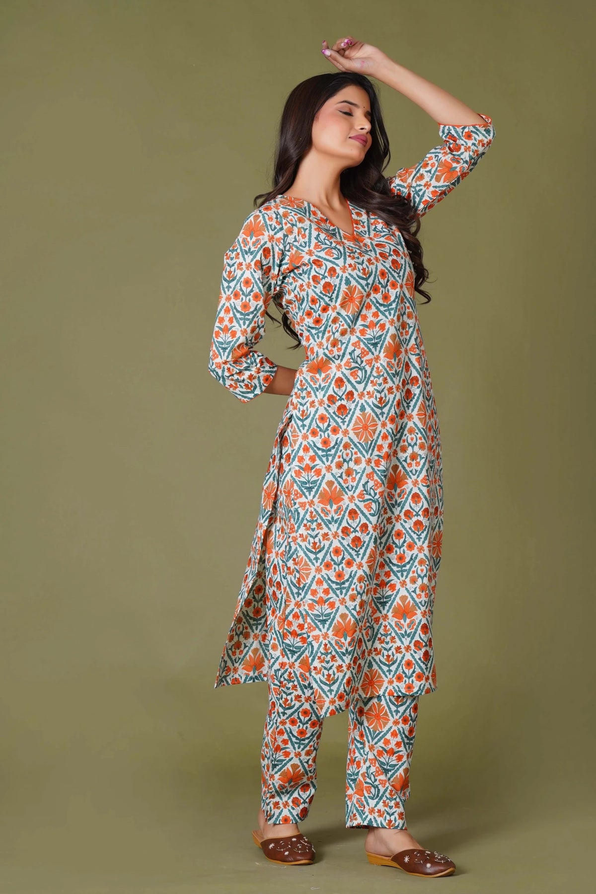 Click to view full screen Tangerine Mosaic Handblock Cotton Suit Set - Himdim Wear
