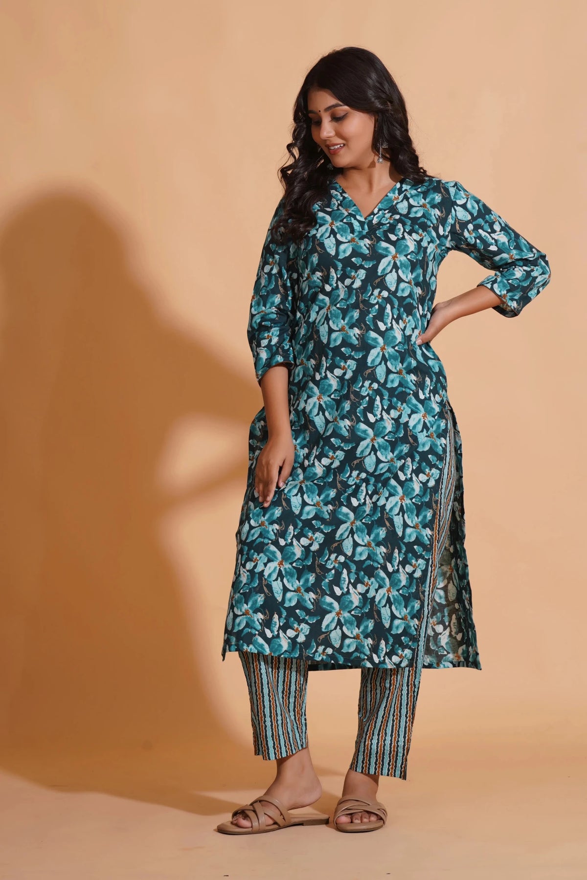Click to view full screen Teal Blossom Print Kurta Set - Himdim Wear