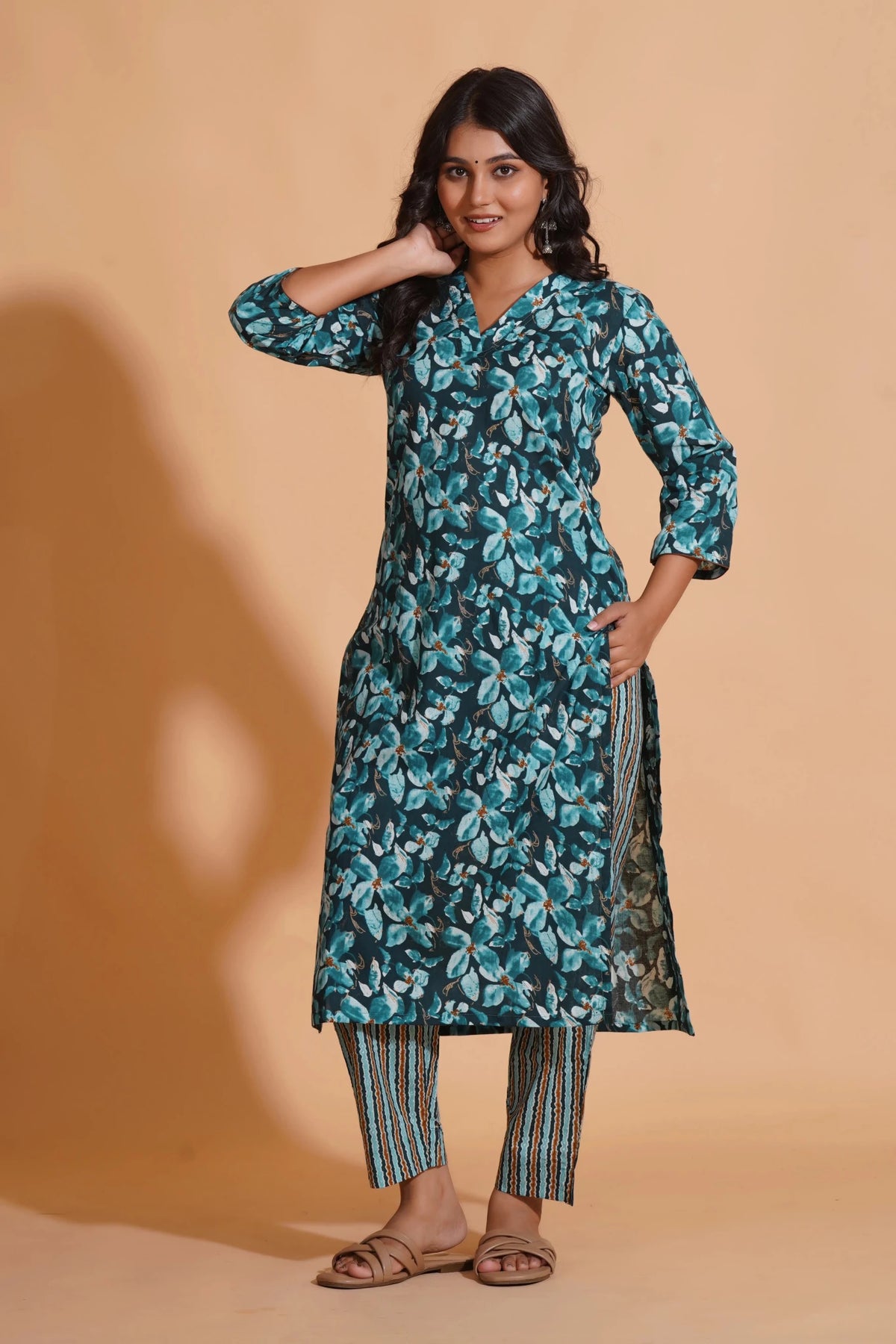 Click to view full screen Teal Blossom Print Kurta Set - Himdim Wear