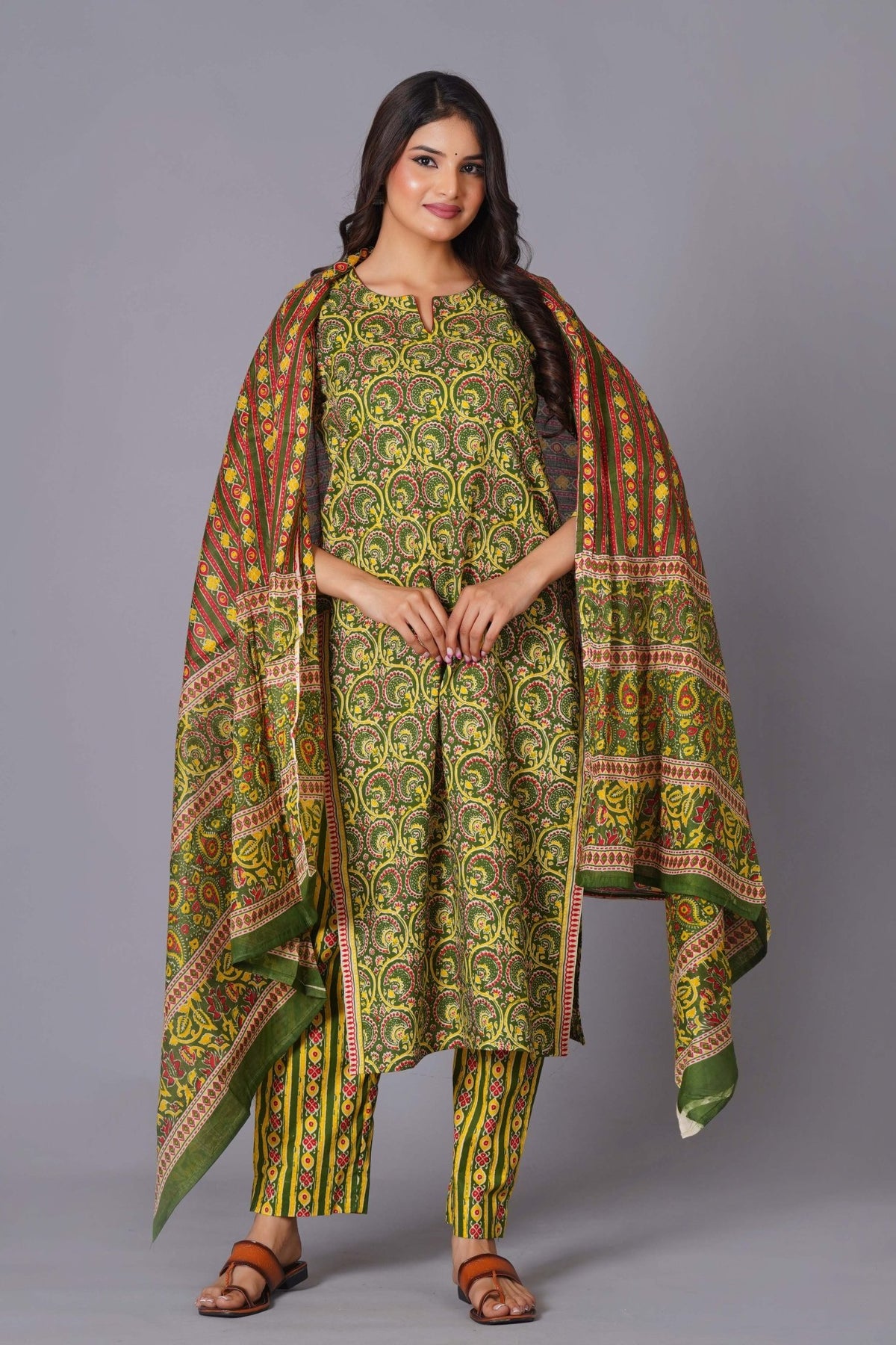 Click to view full screen Verdant Paisley Heritage Print Kurta Set - Himdim Wear