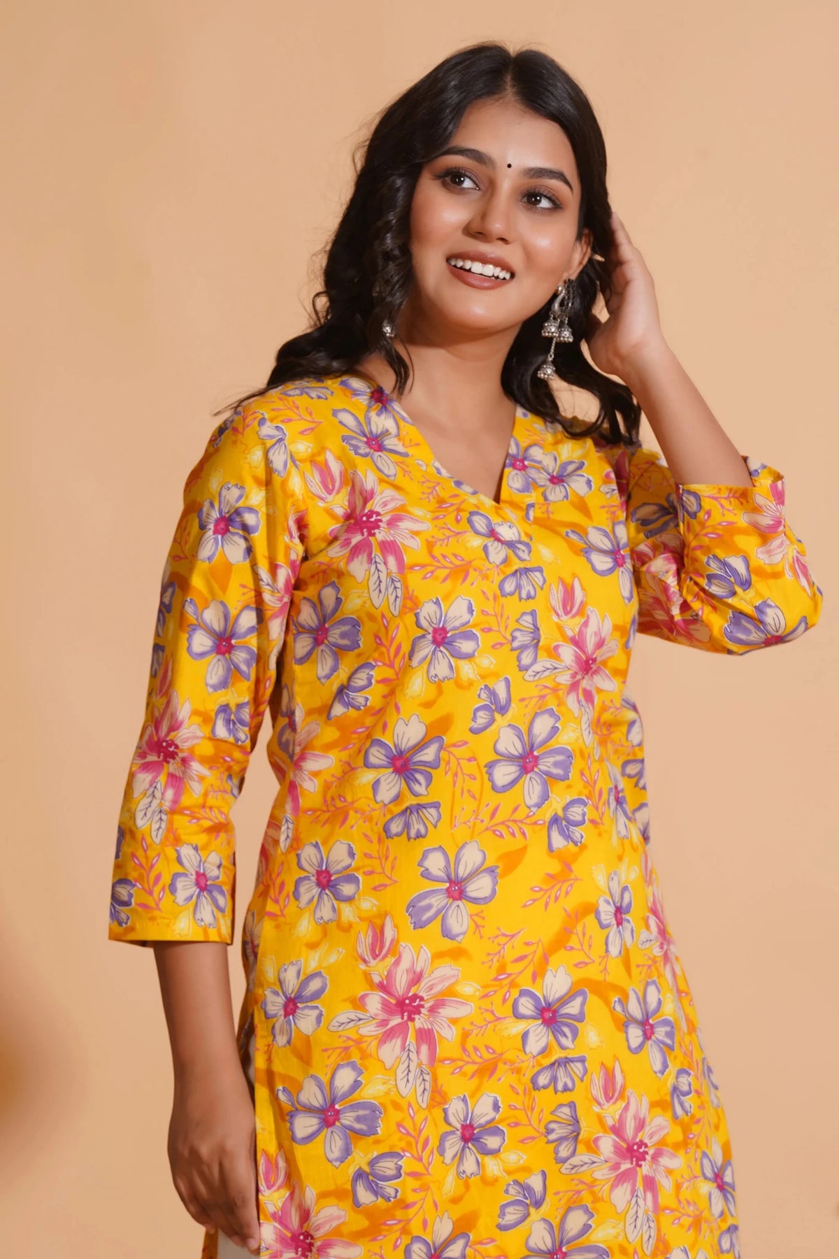 Click to view full screen Vibrant Yellow Floral Cotton Kurta Set with Palazzo - Himdim Wear