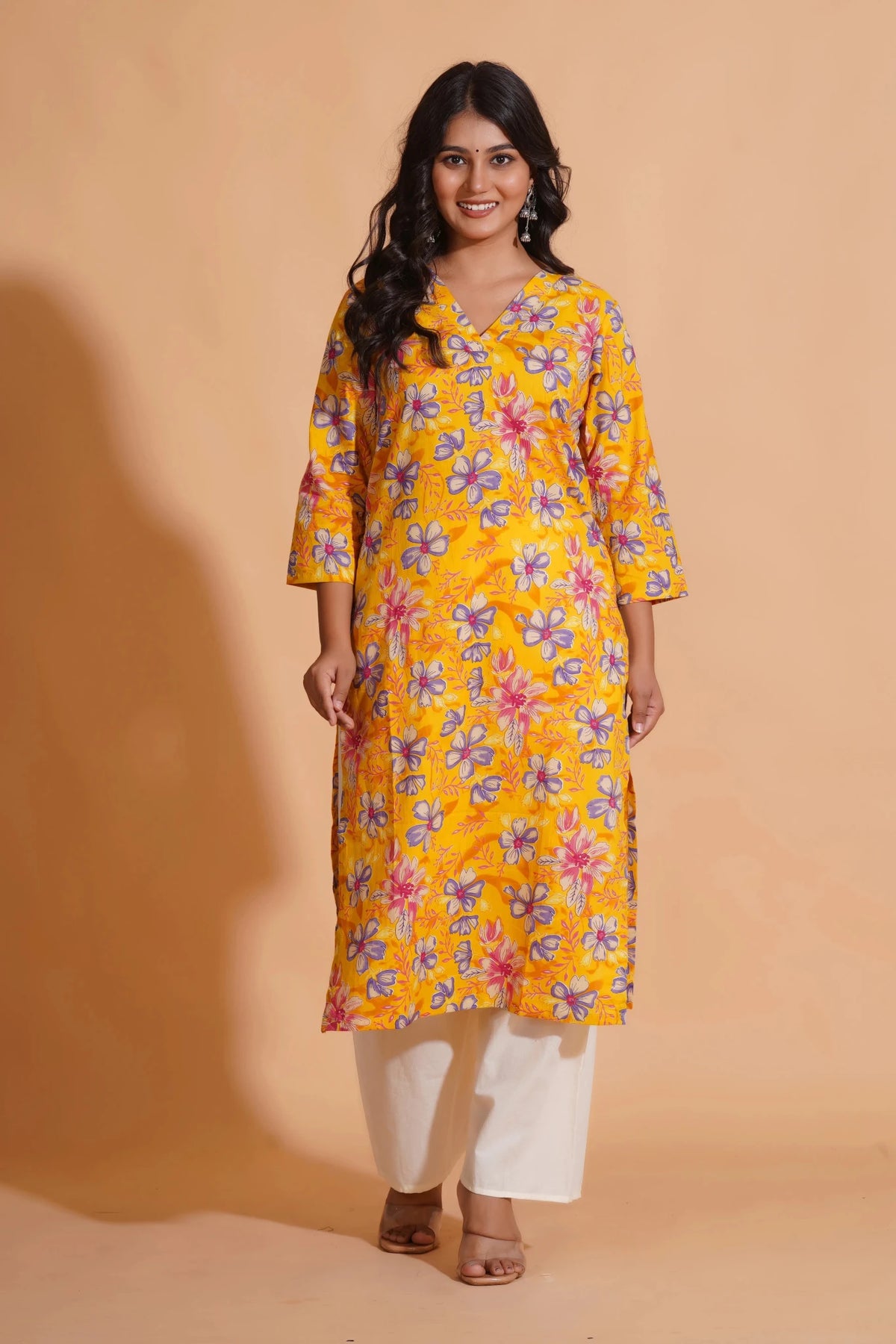 Click to view full screen Vibrant Yellow Floral Cotton Kurta Set with Palazzo - Himdim Wear