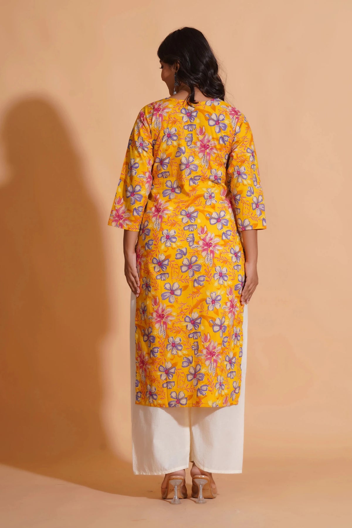 Click to view full screen Vibrant Yellow Floral Cotton Kurta Set with Palazzo - Himdim Wear