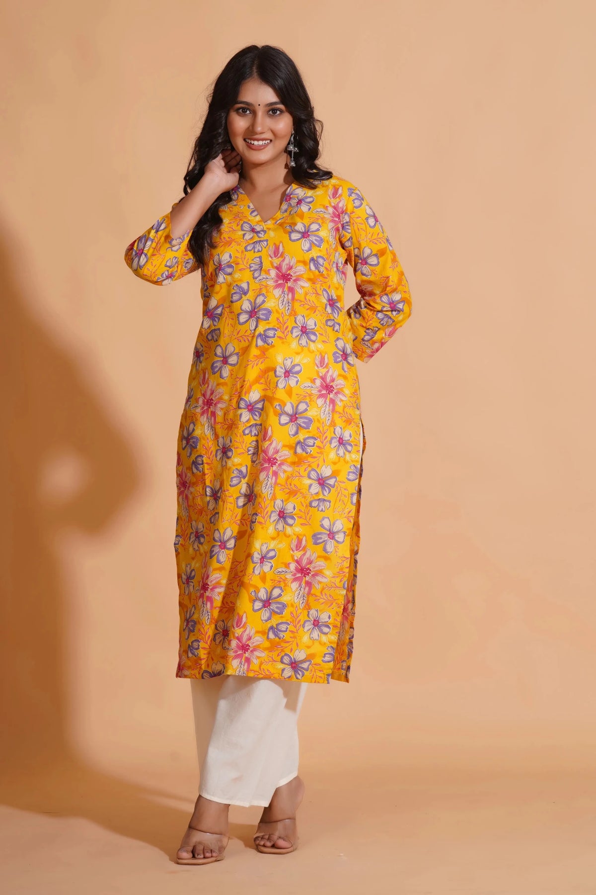 Click to view full screen Vibrant Yellow Floral Cotton Kurta Set with Palazzo - Himdim Wear