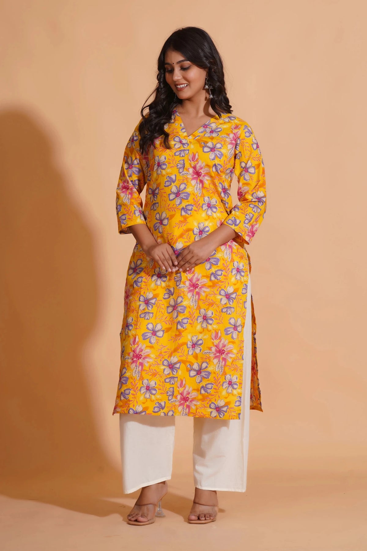 Click to view full screen Vibrant Yellow Floral Cotton Kurta Set with Palazzo - Himdim Wear