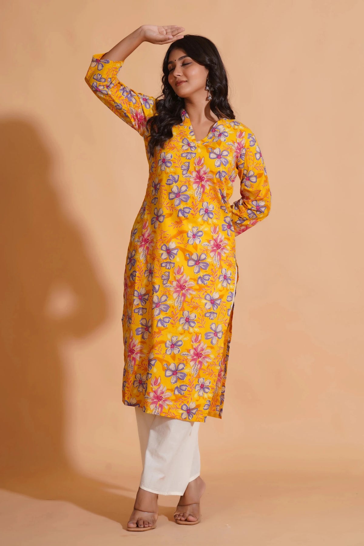 Click to view full screen Vibrant Yellow Floral Cotton Kurta Set with Palazzo - Himdim Wear
