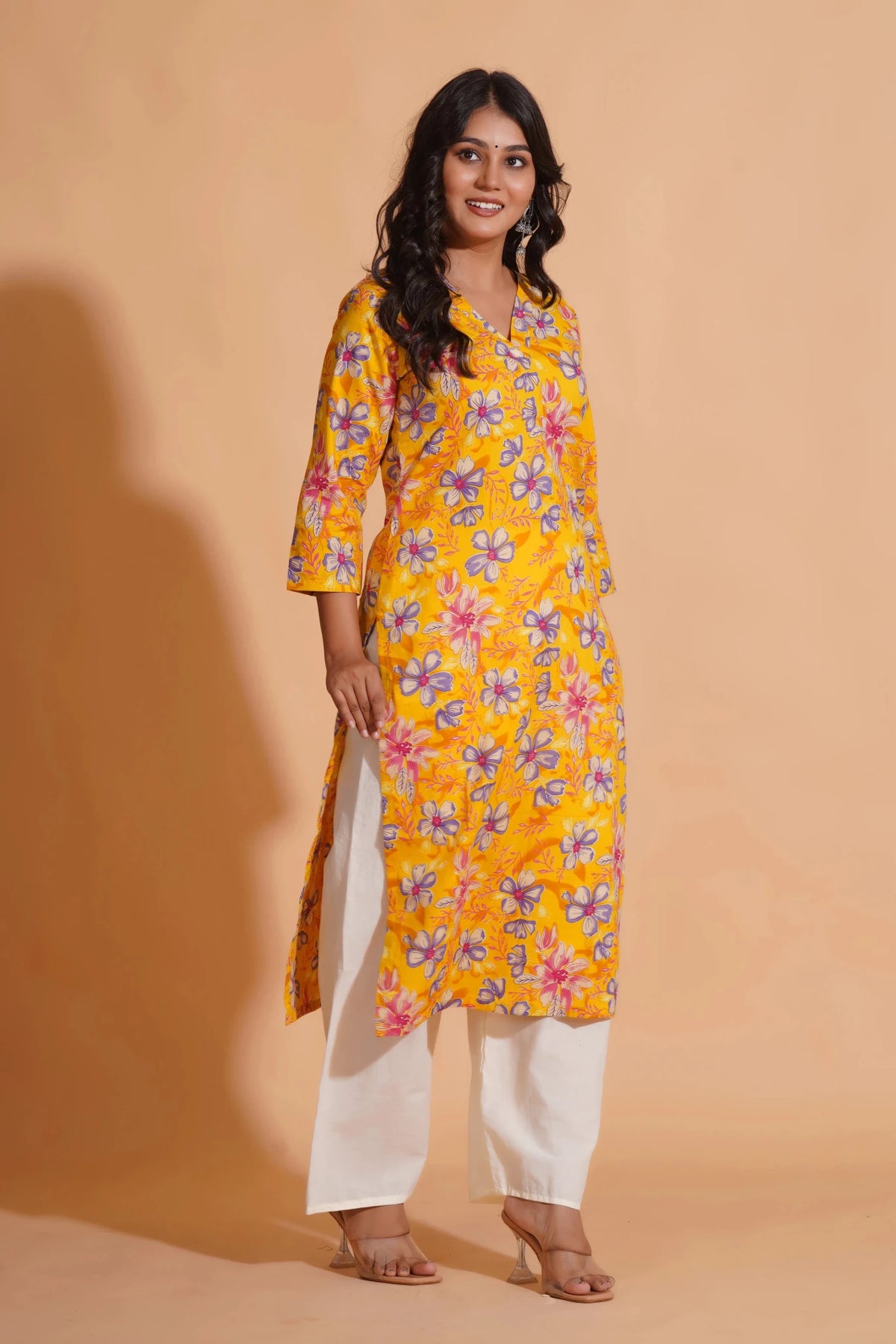 Click to view full screen Vibrant Yellow Floral Cotton Kurta Set with Palazzo - Himdim Wear