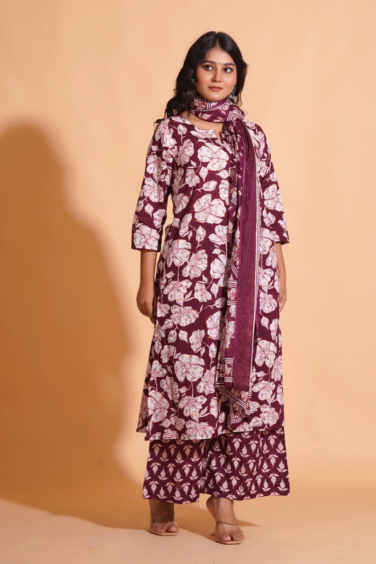Click to view full screen Women's Majestic Maroon A-Line Floral Suit Set - Himdim Wear