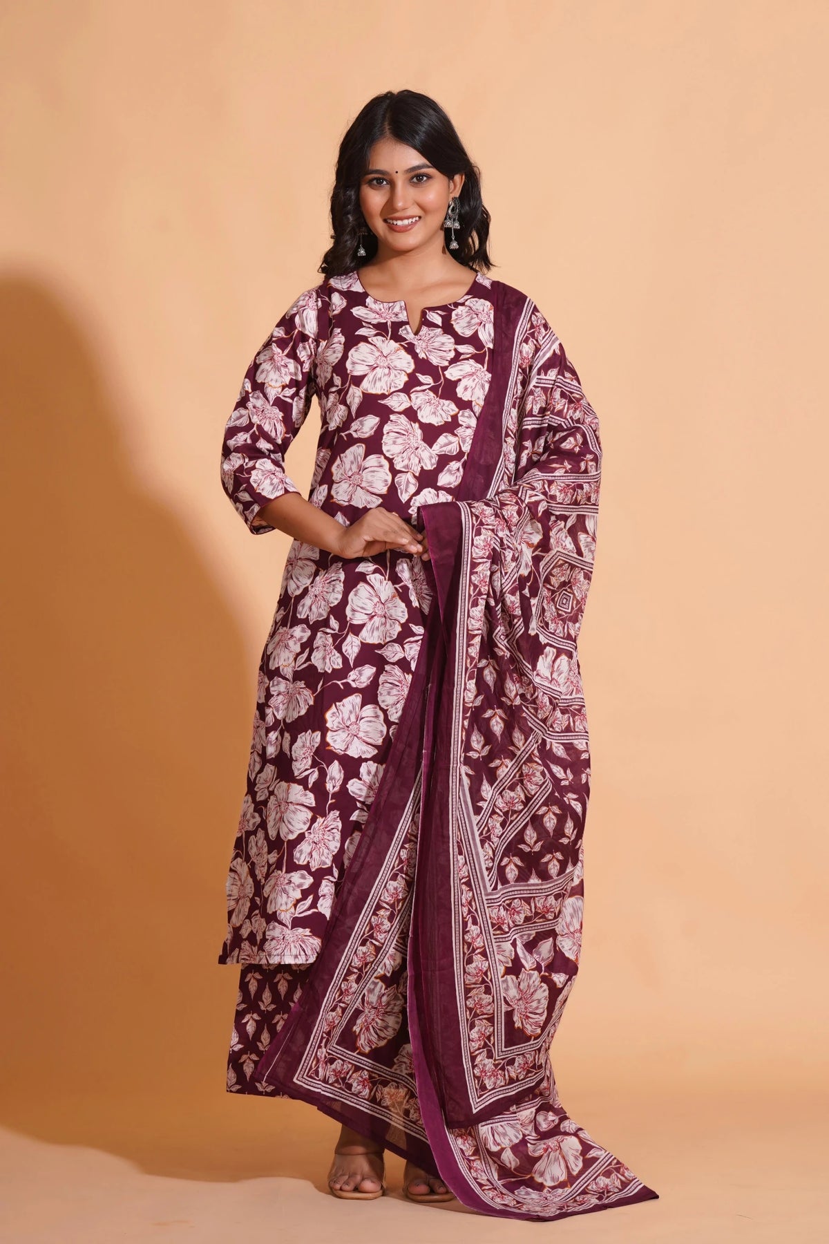 Click to view full screen Women's Majestic Maroon A-Line Floral Suit Set - Himdim Wear