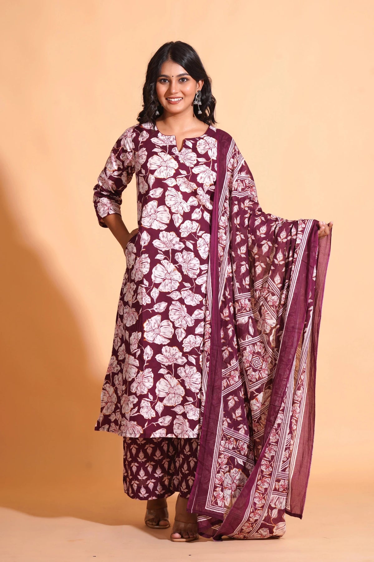 Click to view full screen Women's Majestic Maroon A-Line Floral Suit Set - Himdim Wear