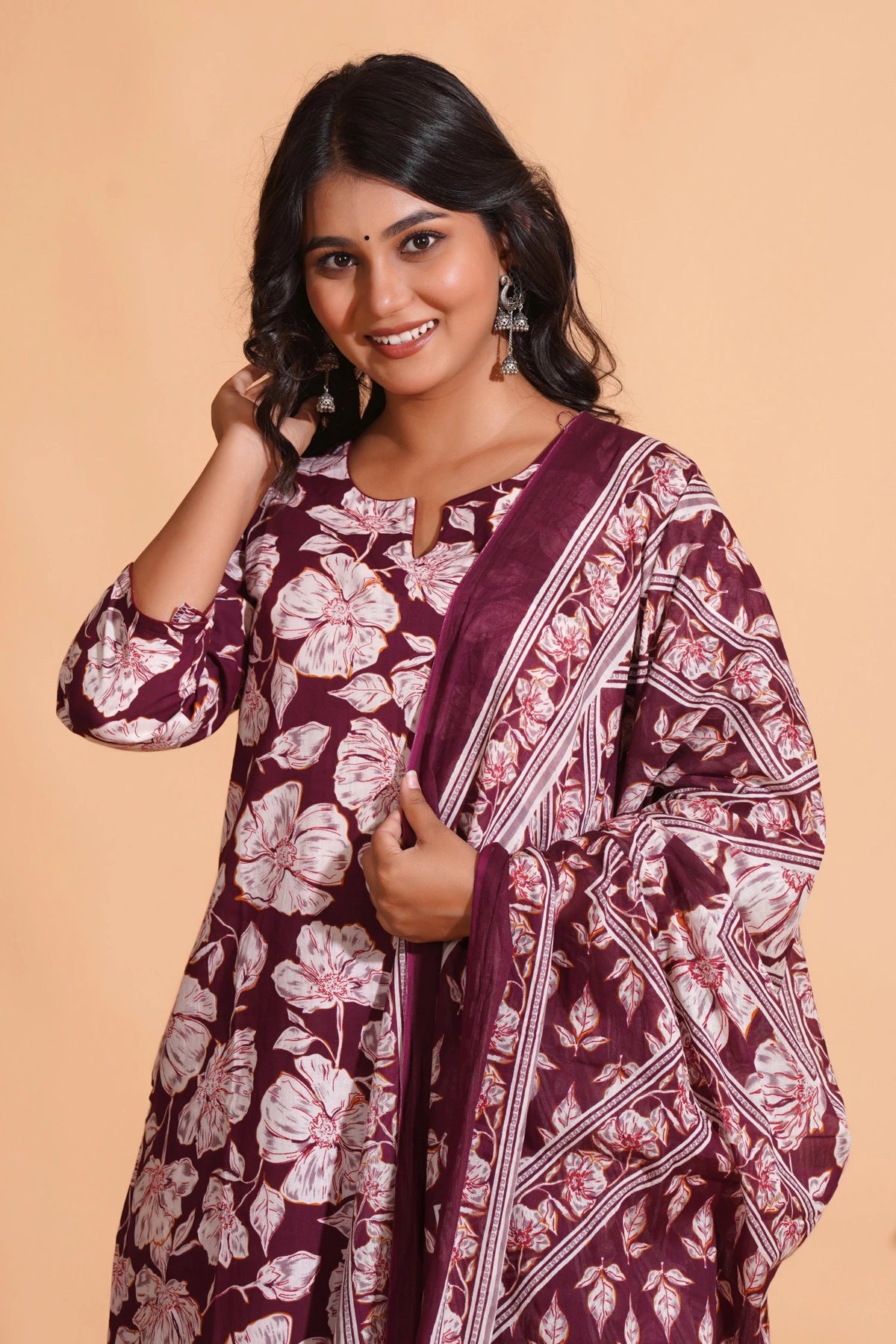Click to view full screen Women's Majestic Maroon A-Line Floral Suit Set - Himdim Wear